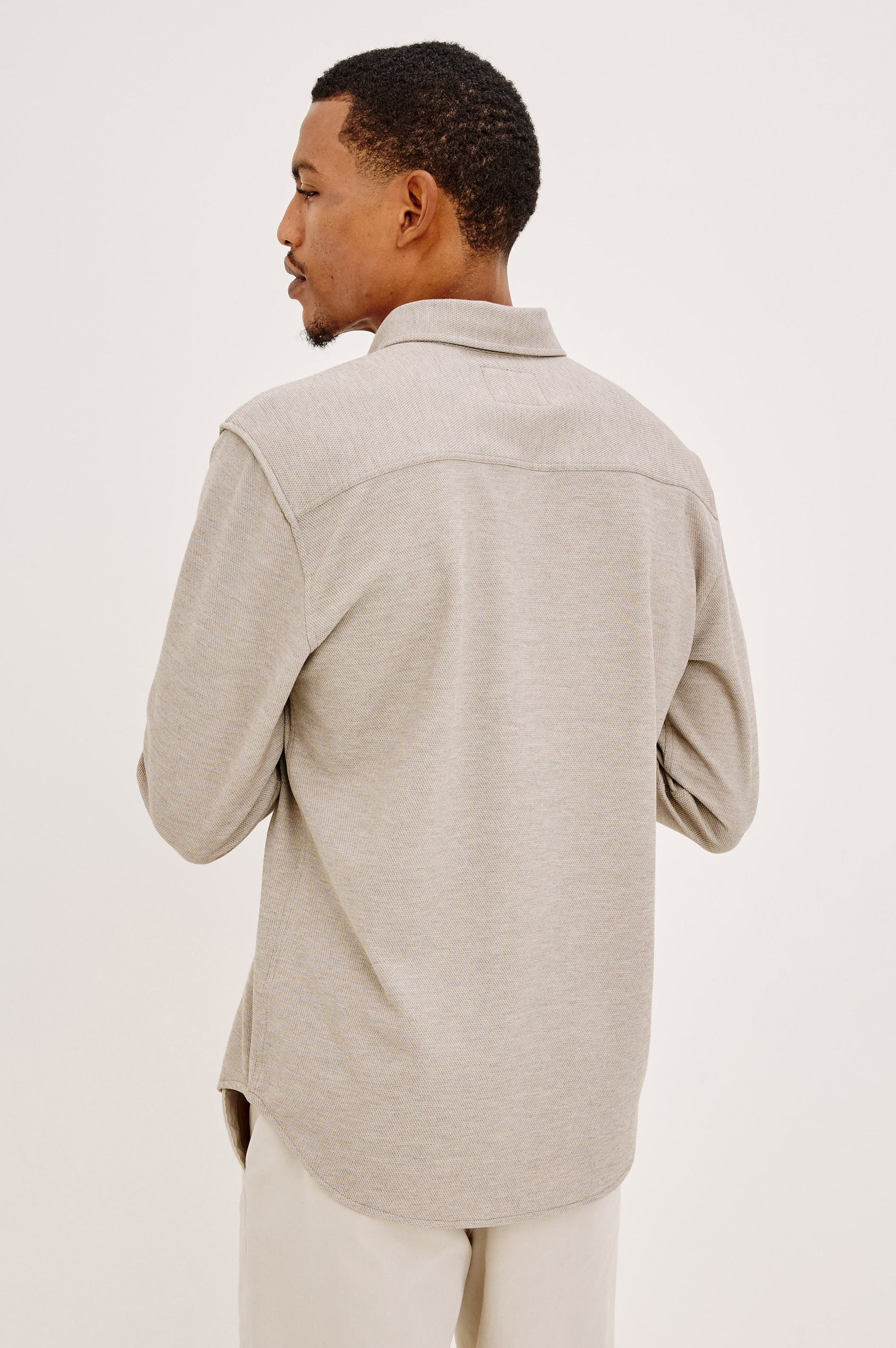 Vincent Shirt in Soft Piqué With Button-Down Collar, Chest Pocket, Front Buttons, Long Sleeves, and Classic Fit in Silt Colorway - Upper Body Back View Featured on Model