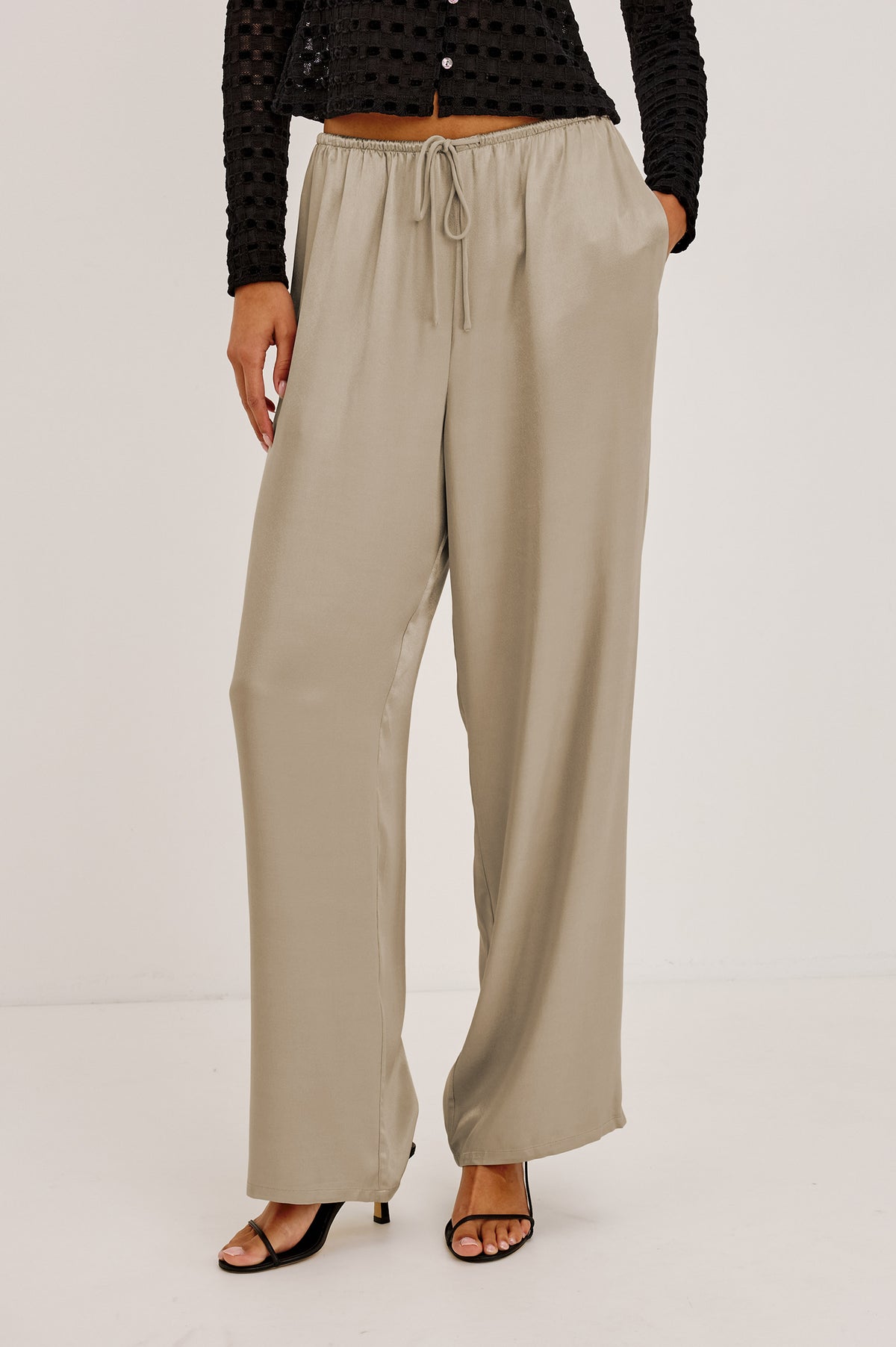Virgo Pant in Satin-Back Crepe With Srtaight Legs, Drawstring Waist, and Side-Seam Pockets in Mink Colorway -Front View Featured on Model.