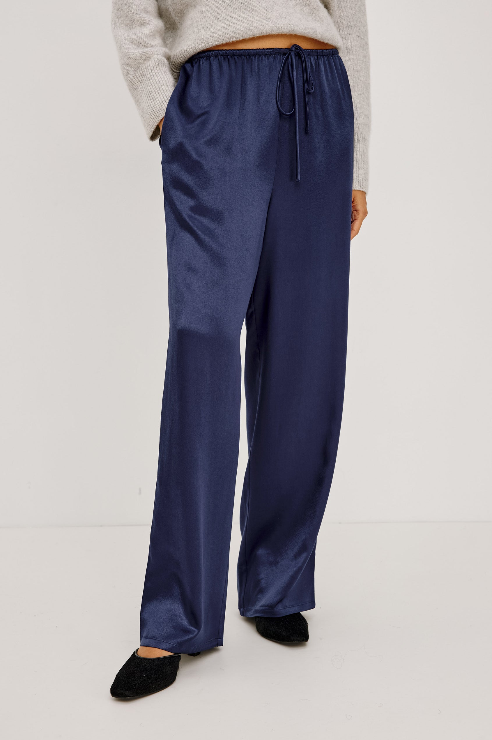 Virgo Pant in Satin-Back Crepe With Srtaight Legs, Drawstring Waist, and Side-Seam Pockets in Navy Colorway - Lower Body Front View Featured on Model