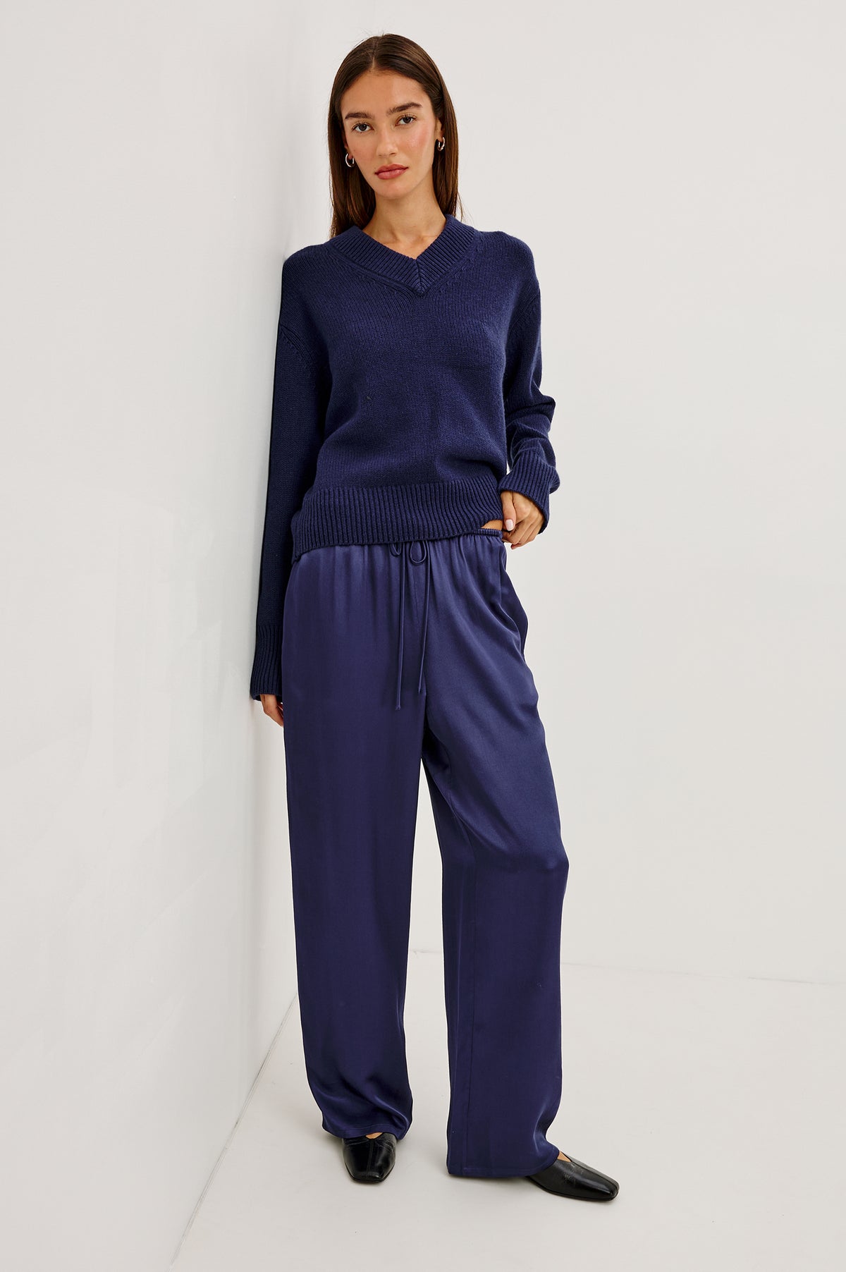 Virgo Pant in Satin-Back Crepe With Srtaight Legs, Drawstring Waist, and Side-Seam Pockets in Navy Colorway - Lower Body Front View Featured on Model