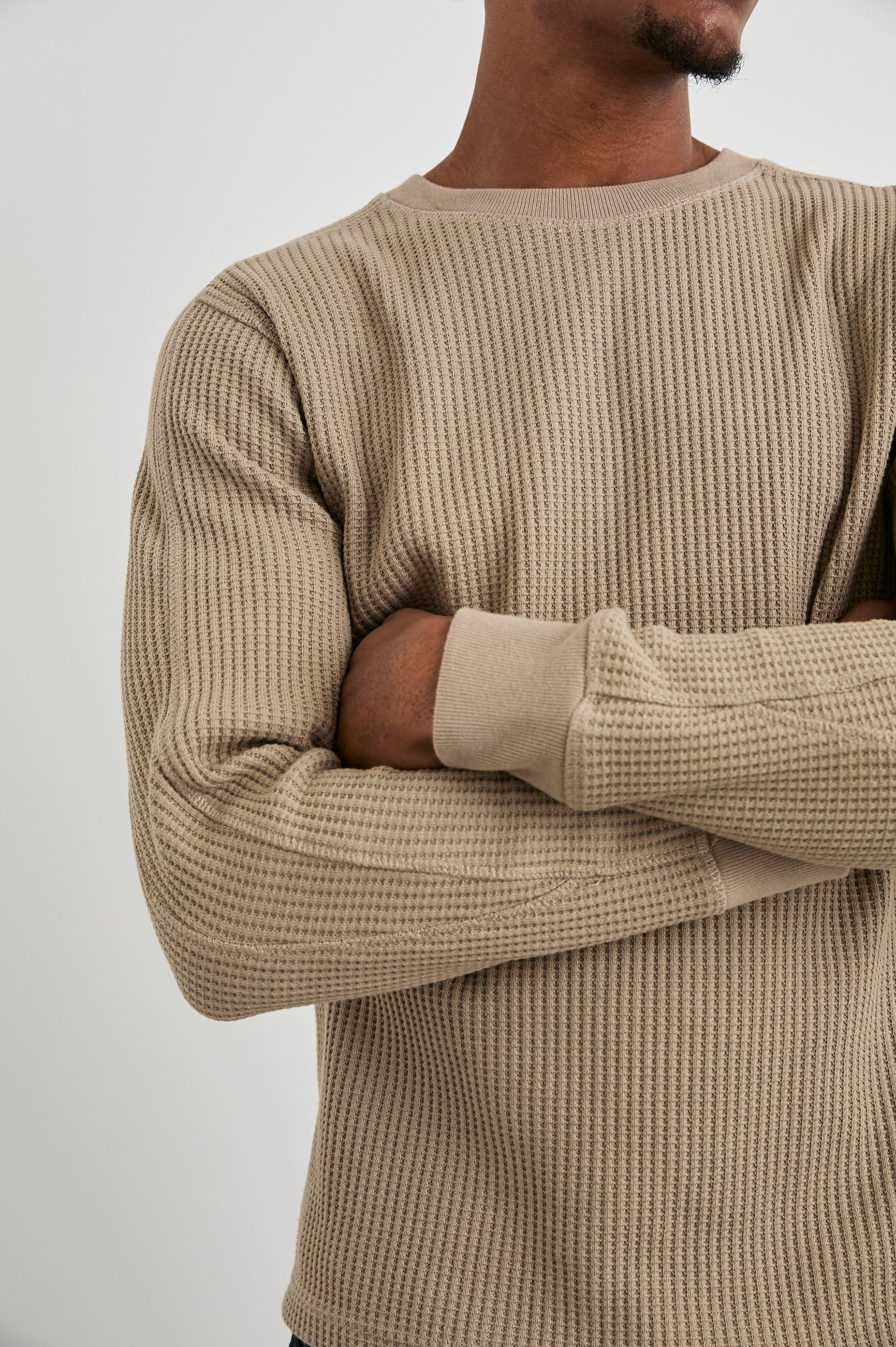 Wade Long-Sleeve Waffle Knit Thermal with a Crew Neck in Barley Colorway - Front View Featured on Model