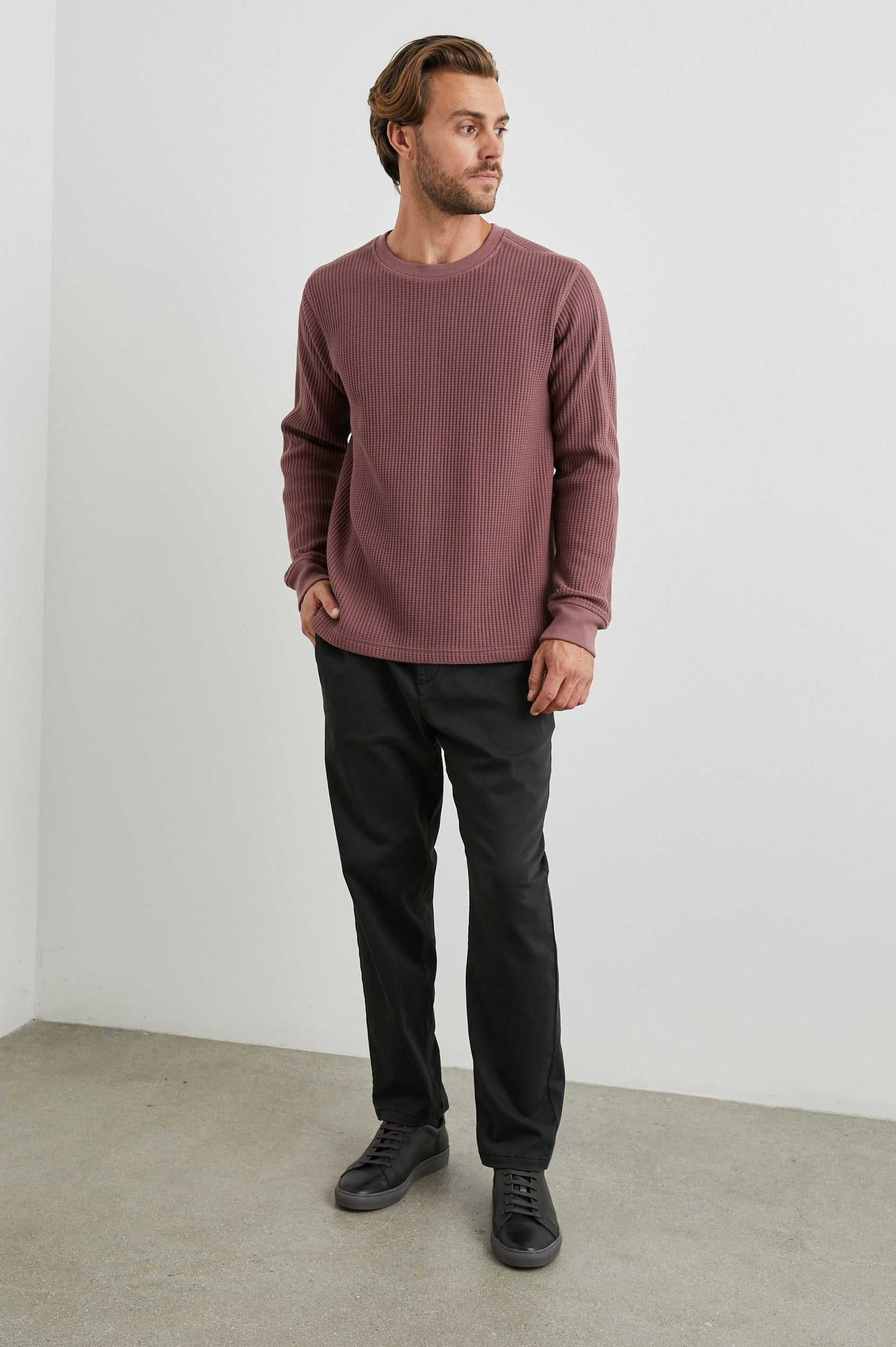 Wade Long-Sleeve Waffle Knit Thermal with a Crew Neck in Brick Colorway - Front Full Body View Featured on Model