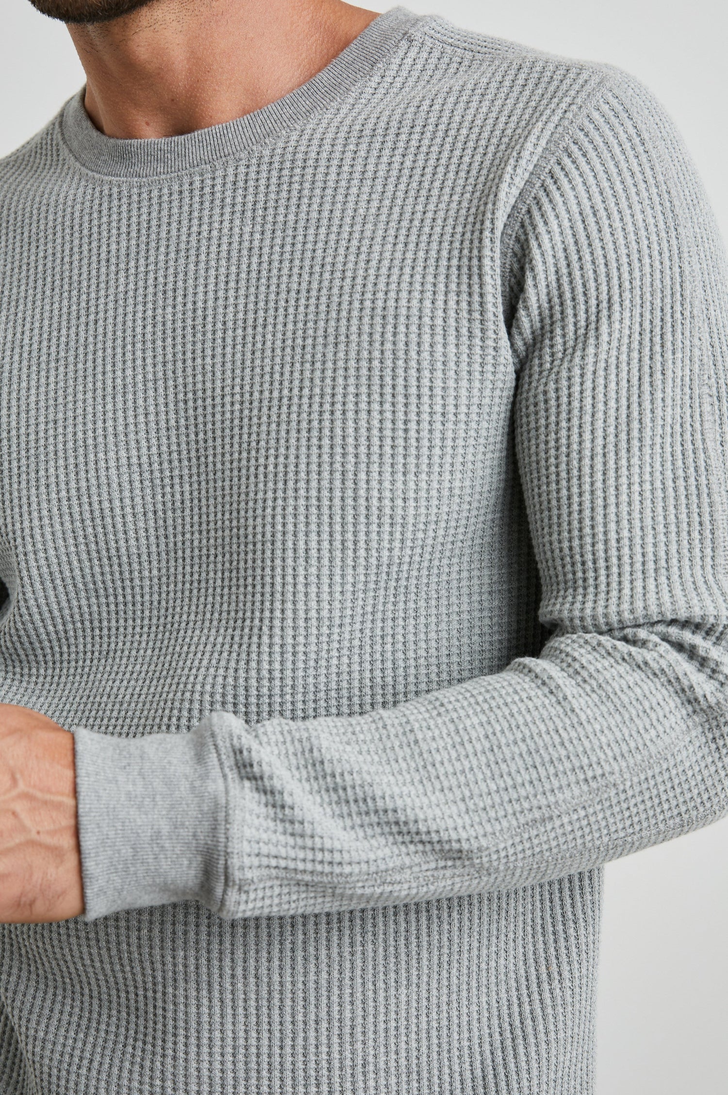 Wade Long-Sleeve Waffle Knit Thermal with a Crew Neck in Heather Grey Colorway - Front View Featured on Model