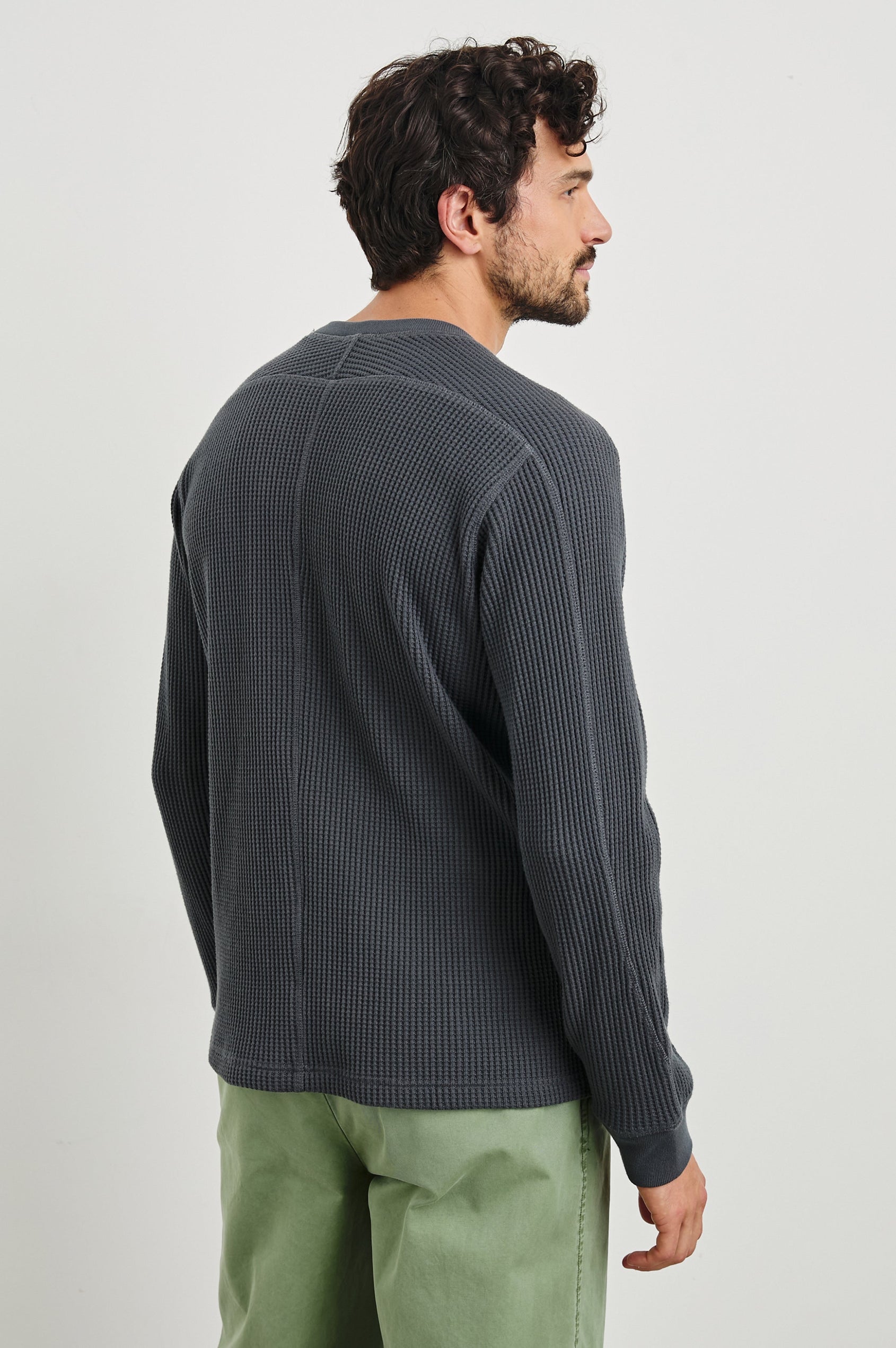 Wade Long-Sleeve Waffle Knit Thermal with a Crew Neck in Ink Colorway - Back View Featured on Model