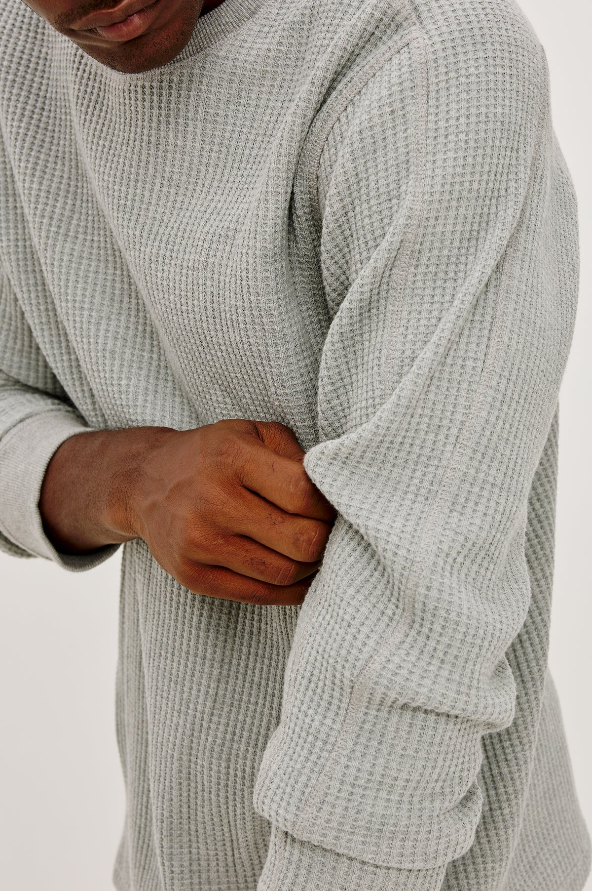 Wade Long-Sleeve Waffle Knit Thermal with a Crew Neck in Heather Grey Colorway - Upper Body Front Detail View Featured on Model.