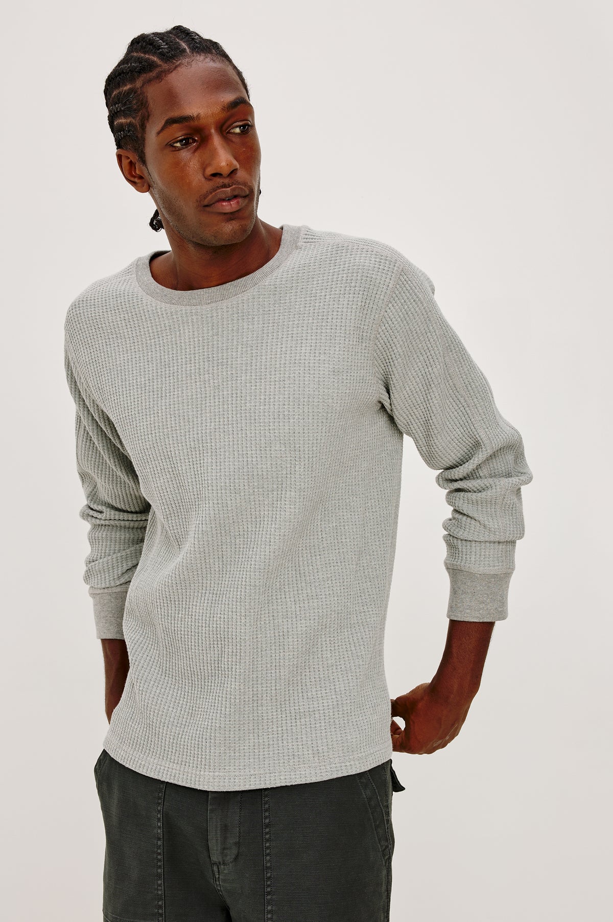 Wade Long-Sleeve Waffle Knit Thermal with a Crew Neck in Heather Grey Colorway - Front View Featured on Model.