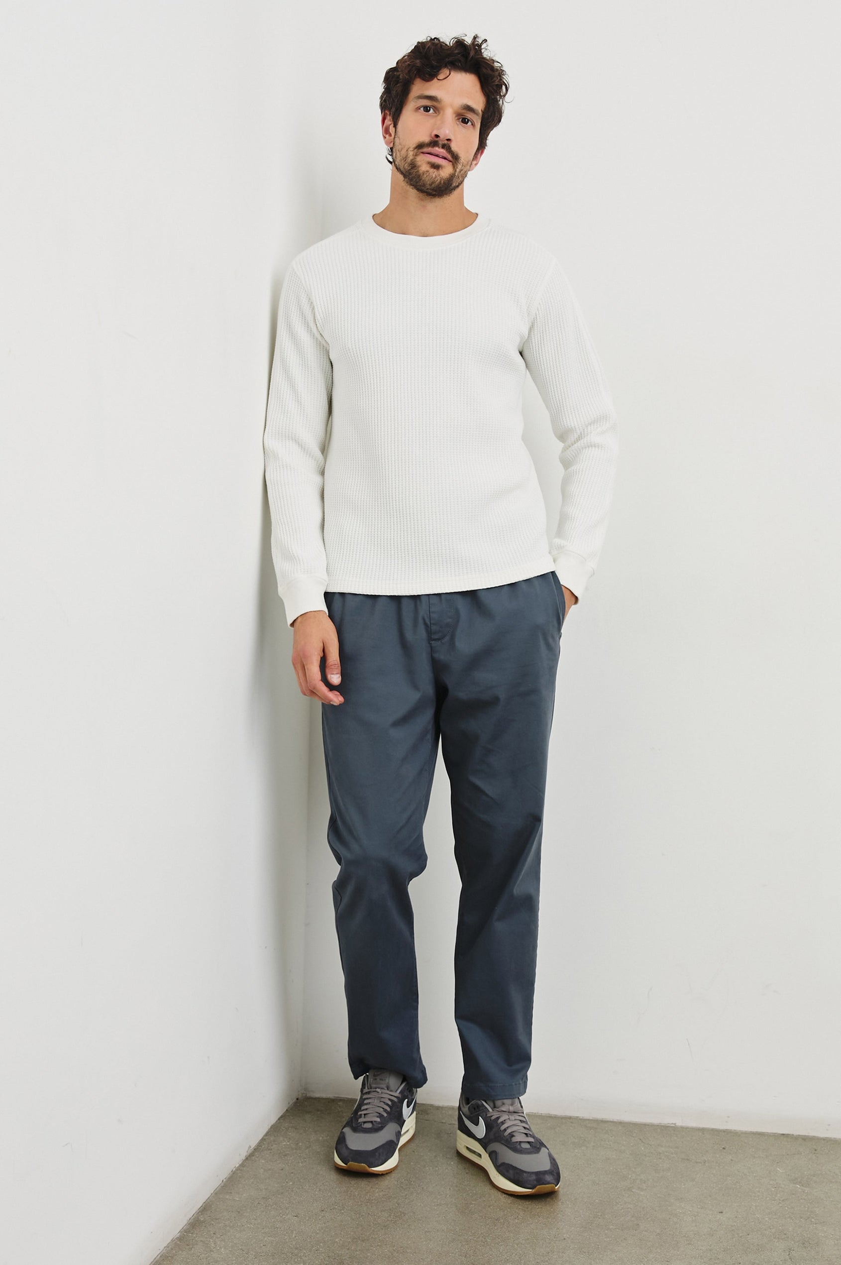 Wade Long-Sleeve Waffle Knit Thermal with a Crew Neck in White Colorway - Front Full Body View Featured on Model