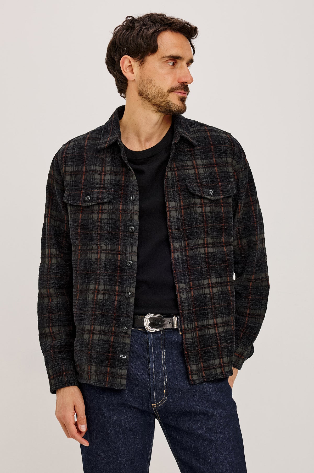 Warren Overshirt in Textured Chenille Cotton Blend With Collar, Button Front, and Dual Chest Flap Pockets in Black Smoke Ember Colorway - Upper Body Front View Featured on Model.