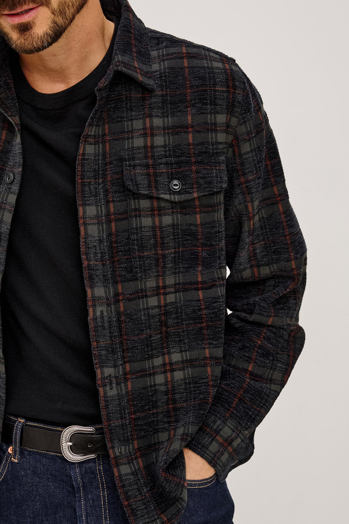 Warren Overshirt in Textured Chenille Cotton Blend With Collar, Button Front, and Dual Chest Flap Pockets in Black Smoke Ember Colorway - Upper Body Front Detail View Featured on Model.