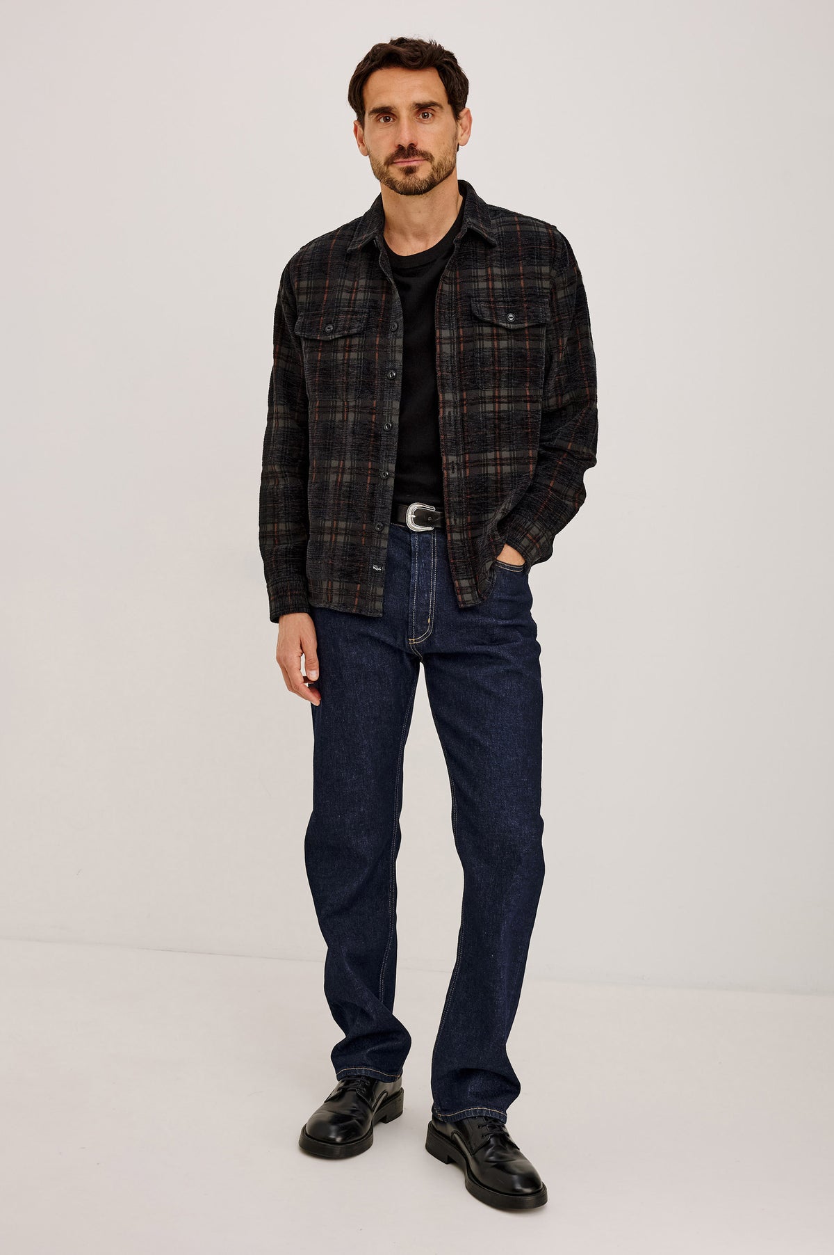 Warren Overshirt in Textured Chenille Cotton Blend With Collar, Button Front, and Dual Chest Flap Pockets in Black Smoke Ember Colorway - Full Body Front View Featured on Model.