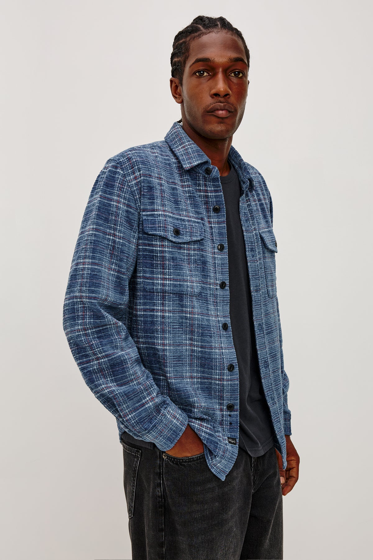 Warren Overshirt in Textured Chenille Cotton Blend With Collar, Button Front, and Dual Chest Flap Pockets in Dark Sky Chenille Colorway - Front View Featured on Model.