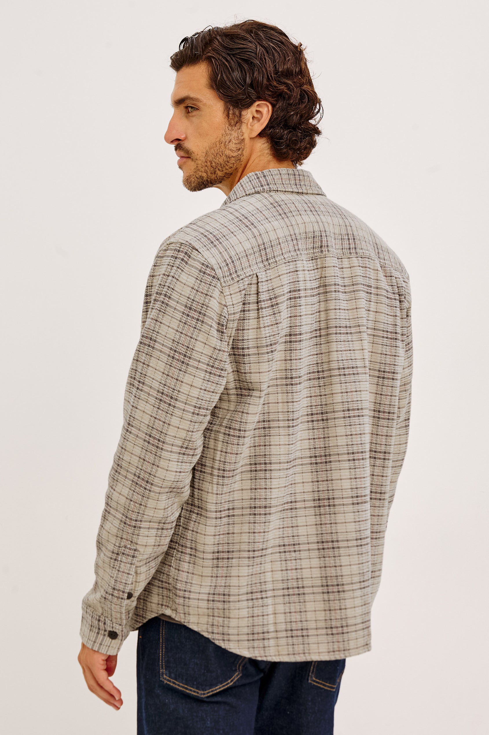 Warren Overshirt in Soft Textured Chenille Cotton With Relaxed Fit, Point Collar, Button Front, Dual Chest Flap Pockets, and Shirttail Hem in Wheat Rhubarb Chenille Colorway - Upper Body Back View Featured on Model