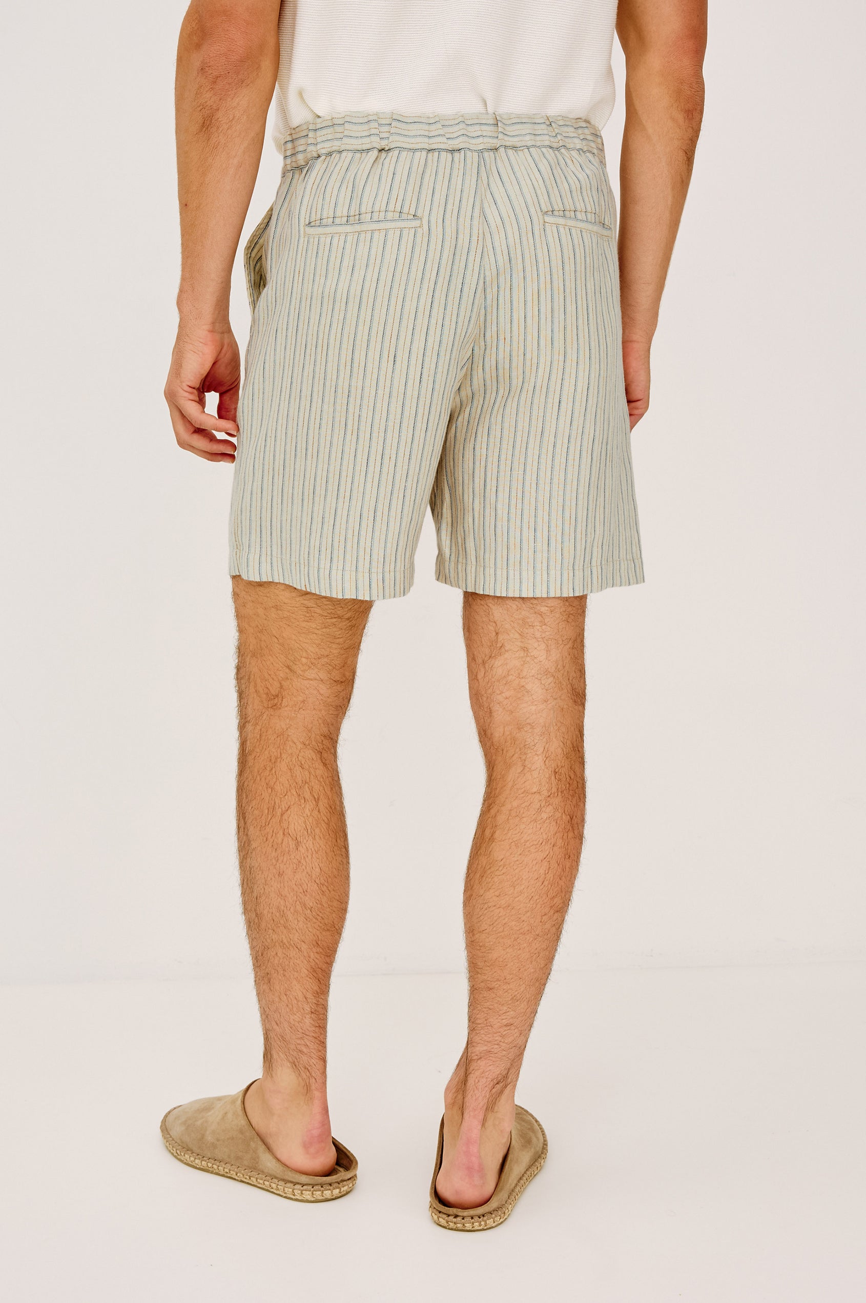 Wilson Short in Linen With a Straight Fit, Clean Front Waistband, Elasticated Back, Front Zip Fly, and Side Pockets in Ecru Multi Stripe Colorway - Lower Body Back View Featured on Model