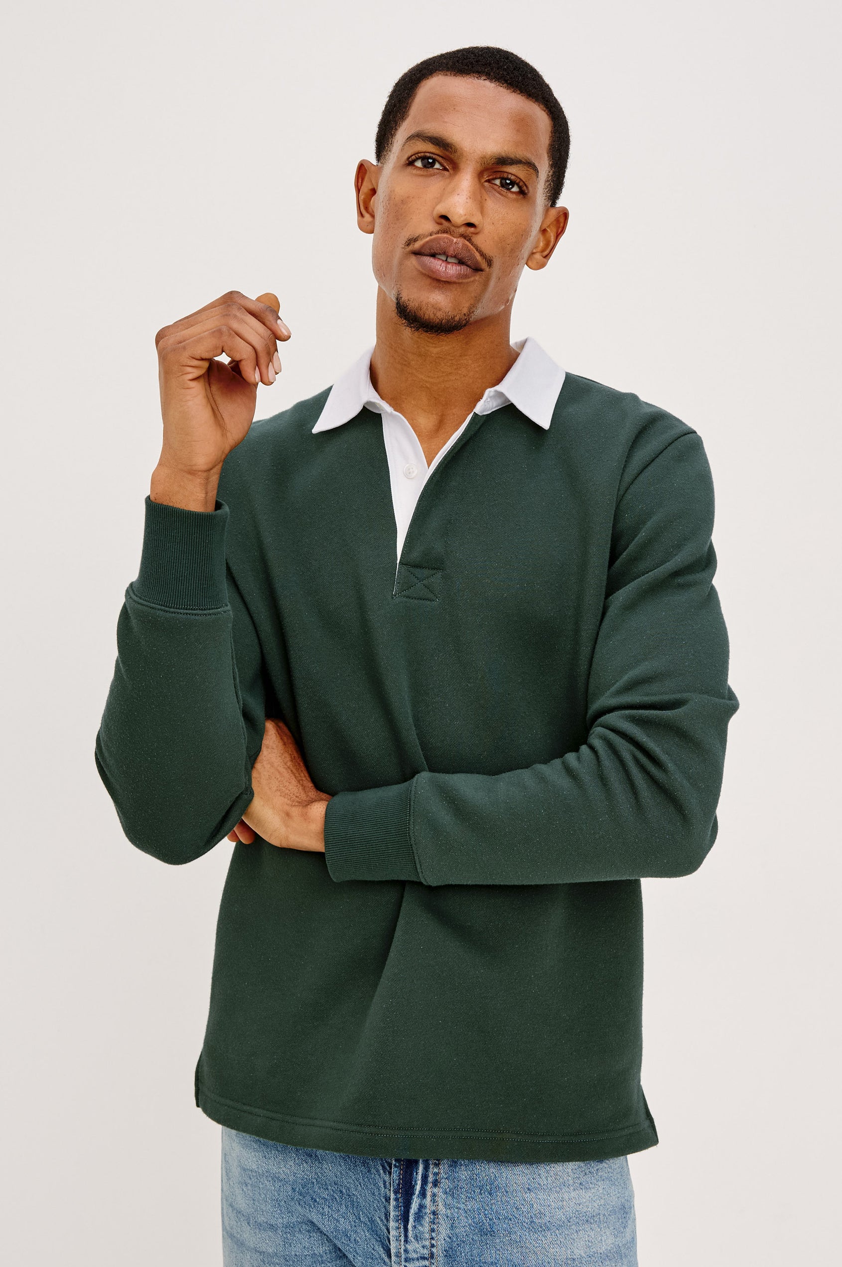 Wright Shirt in Midweight Fleece, Brushed Backing, Relaxed Fit, Vintage-Inspired Contrast Rugby Collar, Two-Button Placket, and Straight Hem With Side Slits in Duck Green Colorway - Upper Body Front View Featured on Model