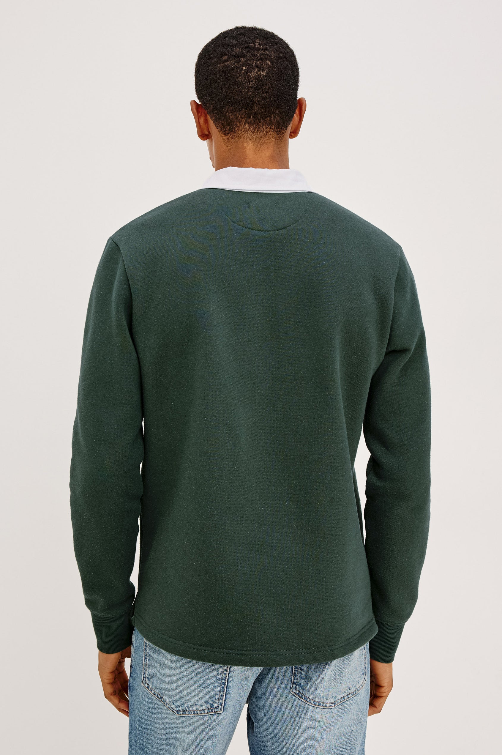Wright Shirt in Midweight Fleece, Brushed Backing, Relaxed Fit, Vintage-Inspired Contrast Rugby Collar, Two-Button Placket, and Straight Hem With Side Slits in Duck Green Colorway - Upper Body Back View Featured on Model