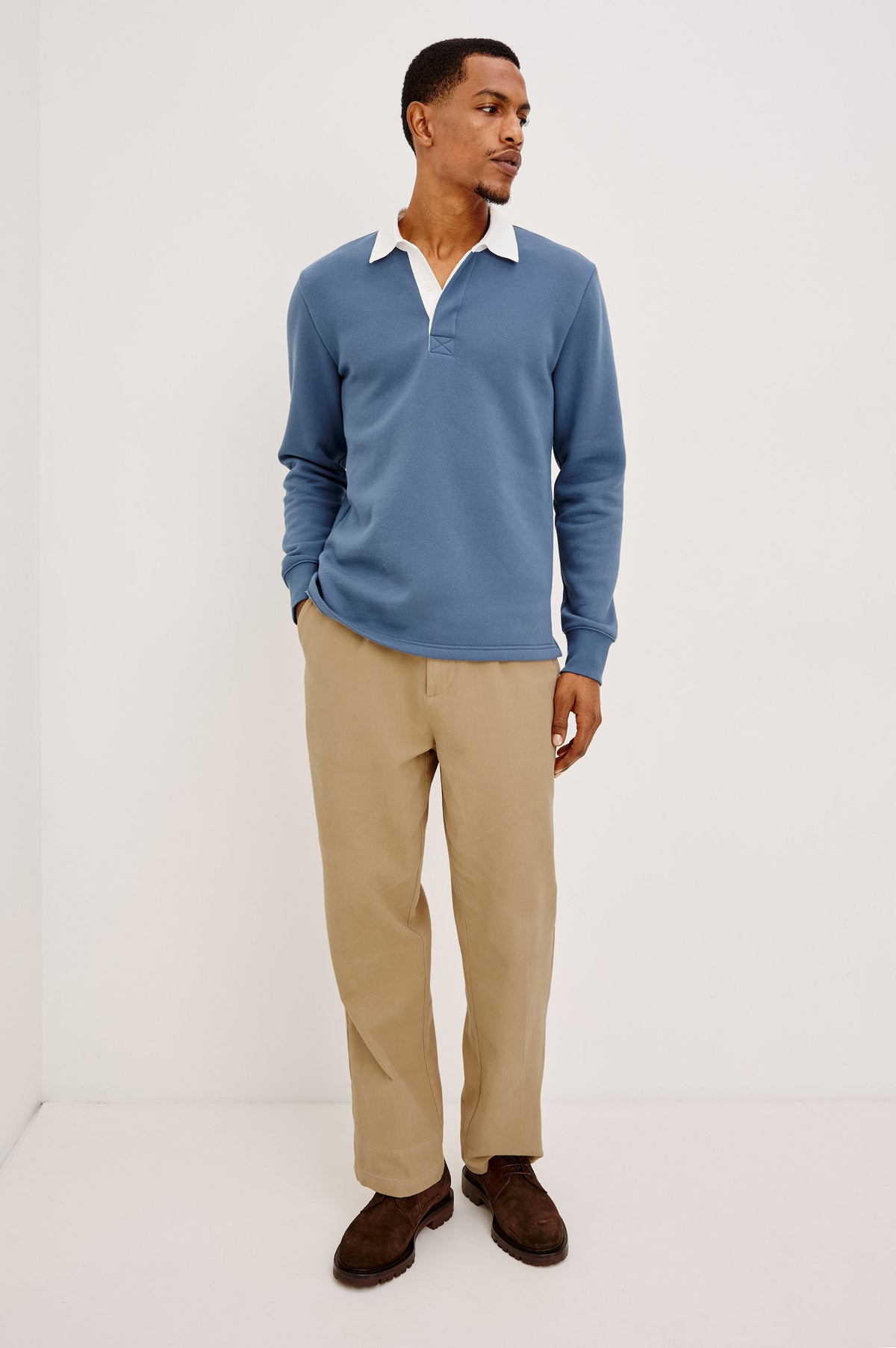Wright Shirt in Midweight Fleece, Brushed Backing, Relaxed Fit, Vintage-Inspired Contrast Rugby Collar, Two-Button Placket, and Straight Hem With Side Slits in Vintage Steel Colorway - Full Body Front View Featured on Model