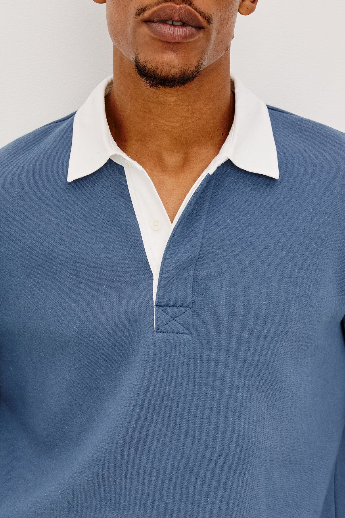 Wright Shirt in Midweight Fleece, Brushed Backing, Relaxed Fit, Vintage-Inspired Contrast Rugby Collar, Two-Button Placket, and Straight Hem With Side Slits in Vintage Steel Colorway - Full Body Front View Featured on Model
