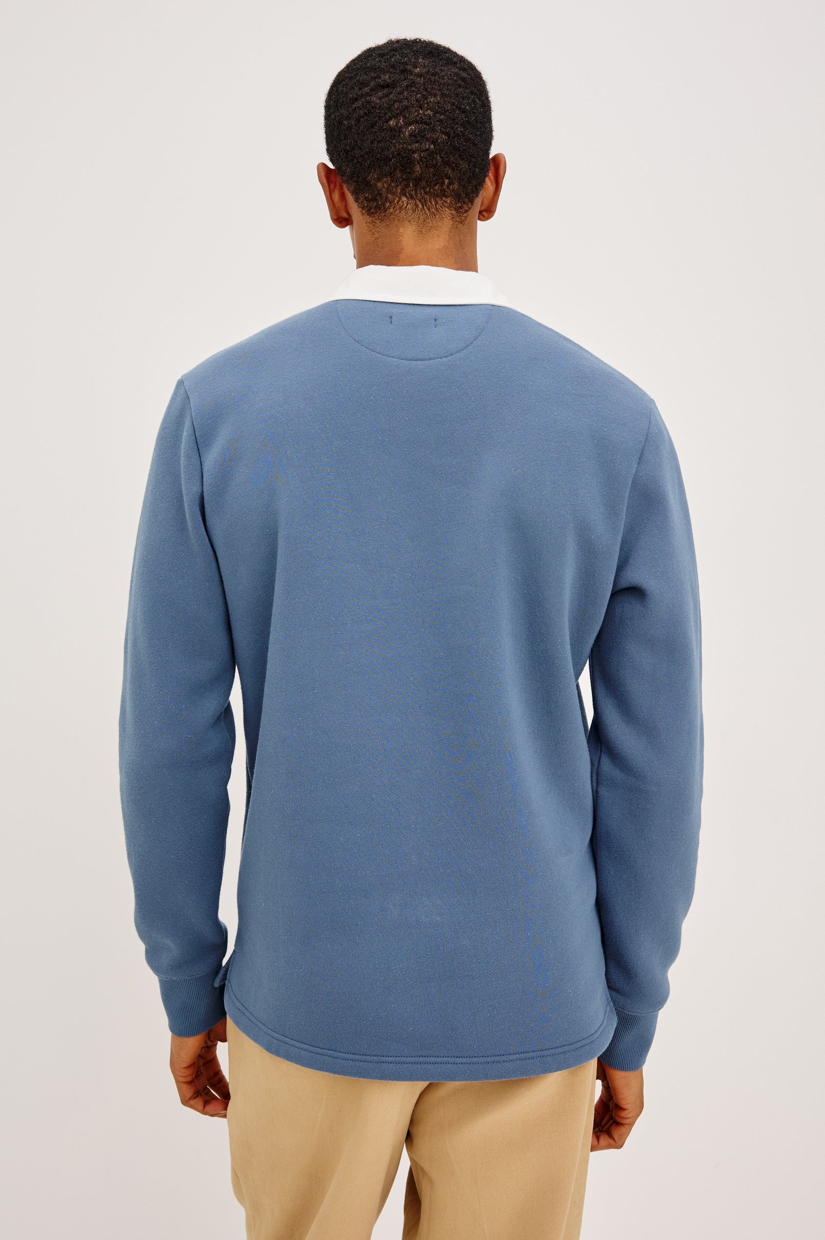 Wright Shirt in Midweight Fleece, Brushed Backing, Relaxed Fit, Vintage-Inspired Contrast Rugby Collar, Two-Button Placket, and Straight Hem With Side Slits in Vintage Steel Colorway - Upper Body Back View Featured on Model