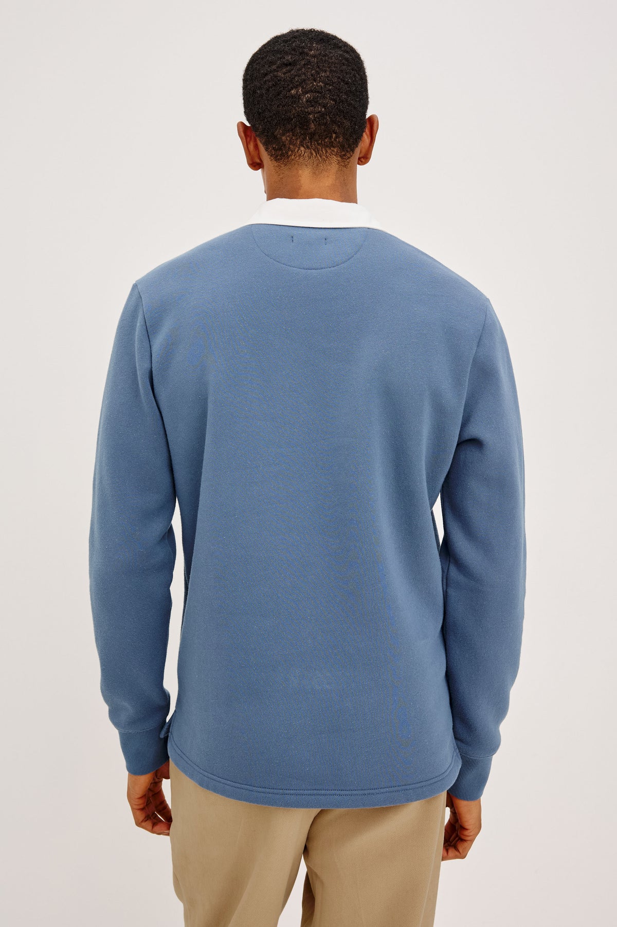 Wright Shirt in Midweight Fleece, Brushed Backing, Relaxed Fit, Vintage-Inspired Contrast Rugby Collar, Two-Button Placket, and Straight Hem With Side Slits in Vintage Steel Colorway - Upper Body Back View Featured on Model