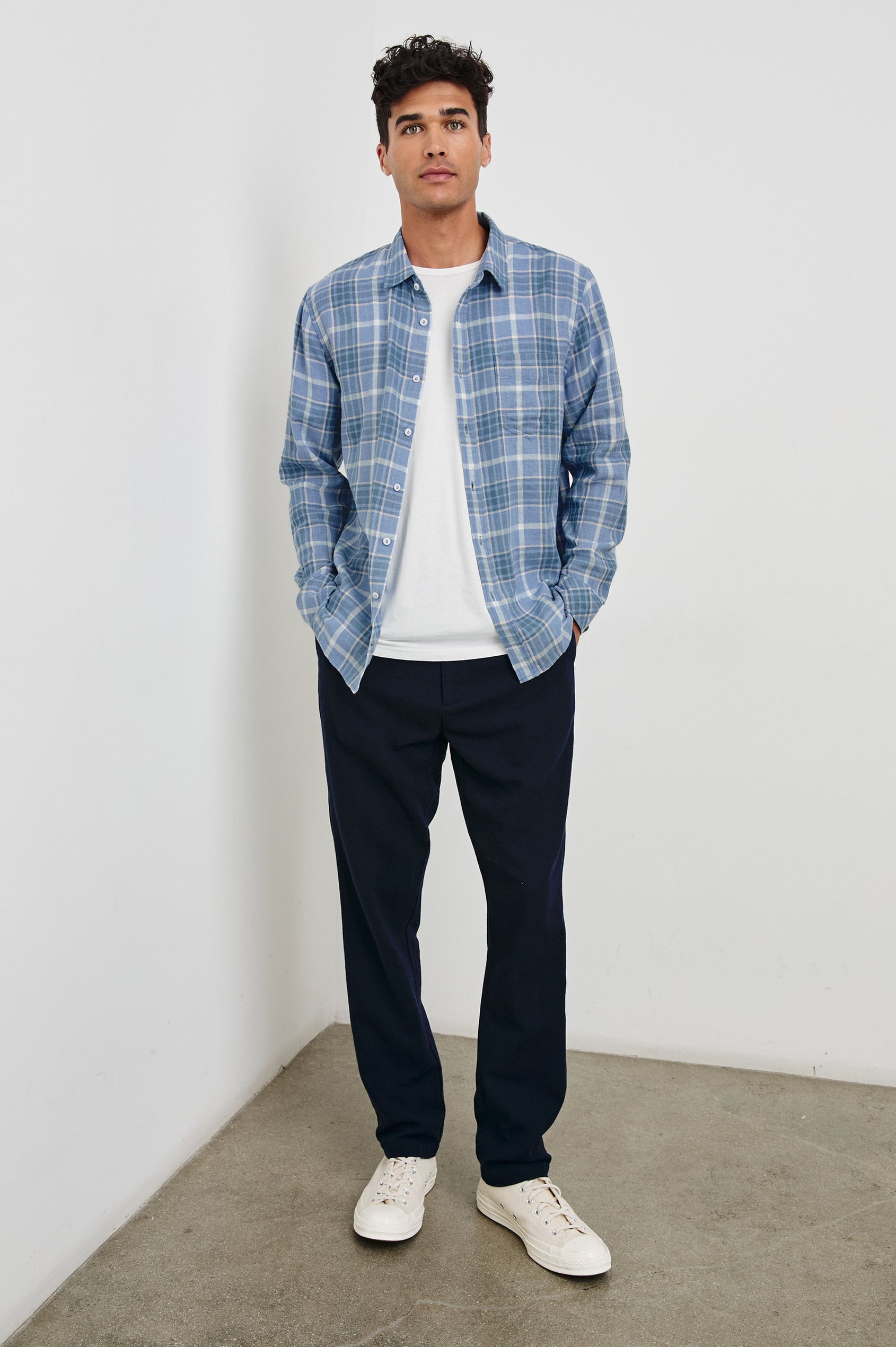 Wyatt Classic Button Up Long Sleeve Shirt with plaid print in Blue Ebi Melange - full body front view on model