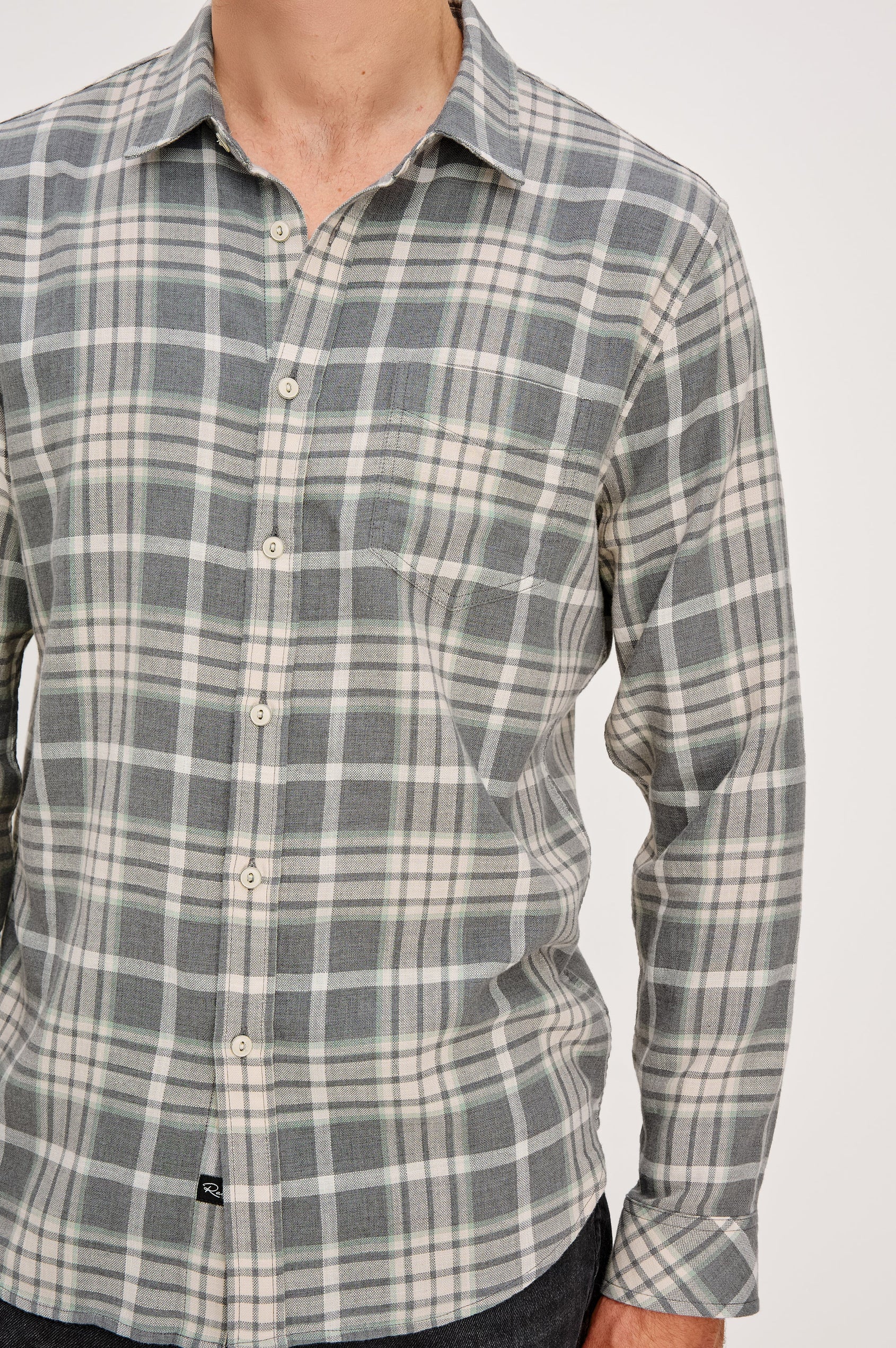 Wyatt Collared Button Front Shirt with Long Sleeves and a Chest Pocket in Camembert Charcoal Melange Colorway. Front Detail View Shown on Model.