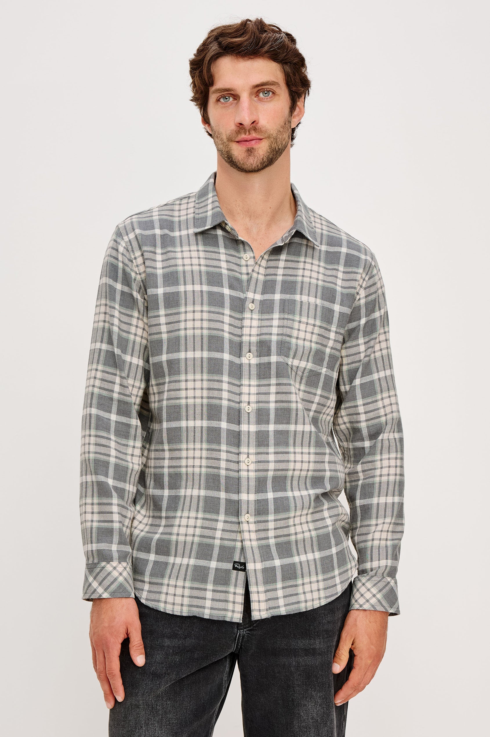 Wyatt Collared Button Front Shirt with Long Sleeves and a Chest Pocket in Camembert Charcoal Melange Colorway. Front View Shown on Model.