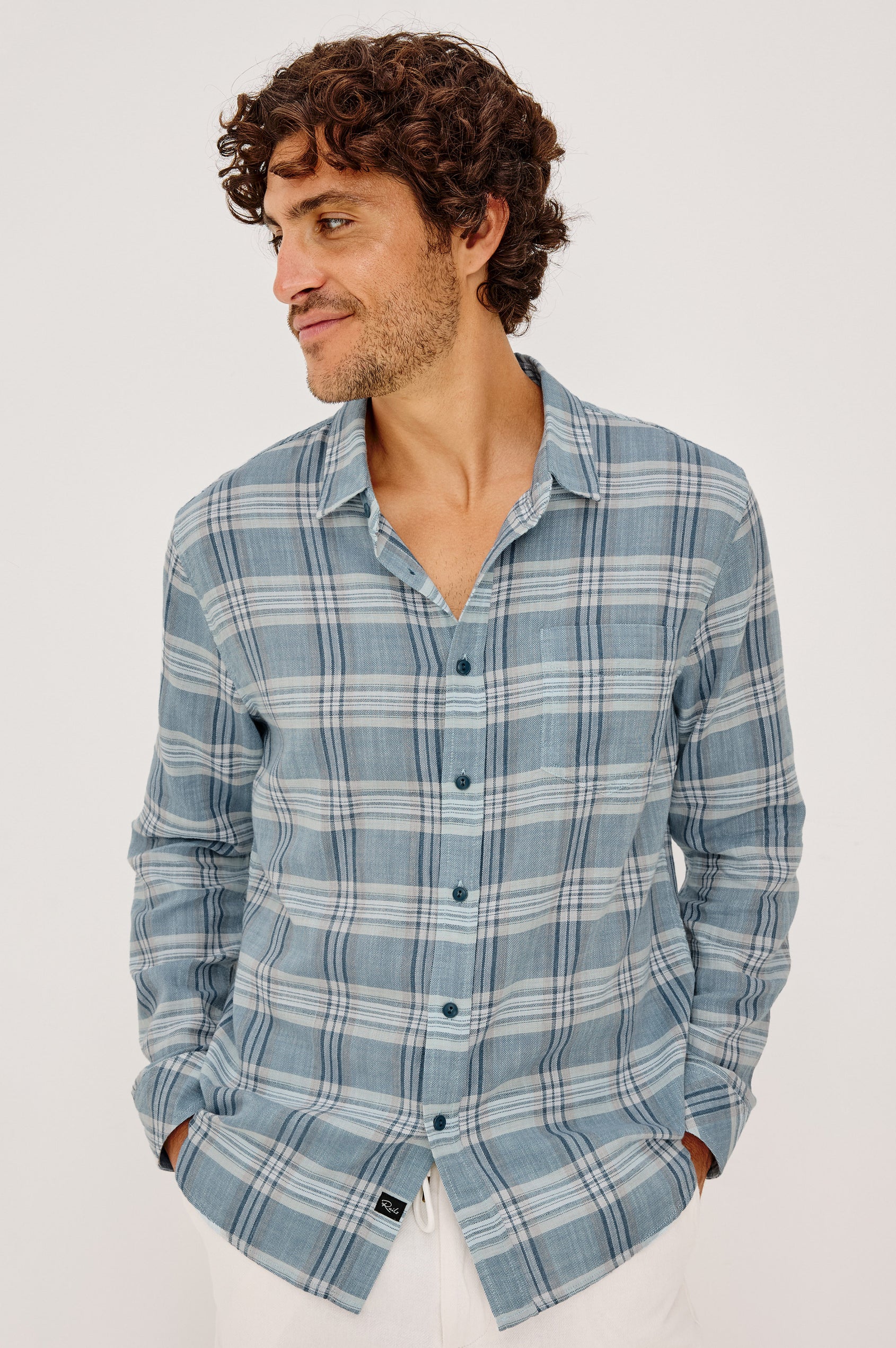 Wyatt Button-Up Shirt With Collar, Classic Fit, Single Chest Pocket, and Long Sleeves in Seafoam Glass Colorway - Upper Body Front View Featured on Model