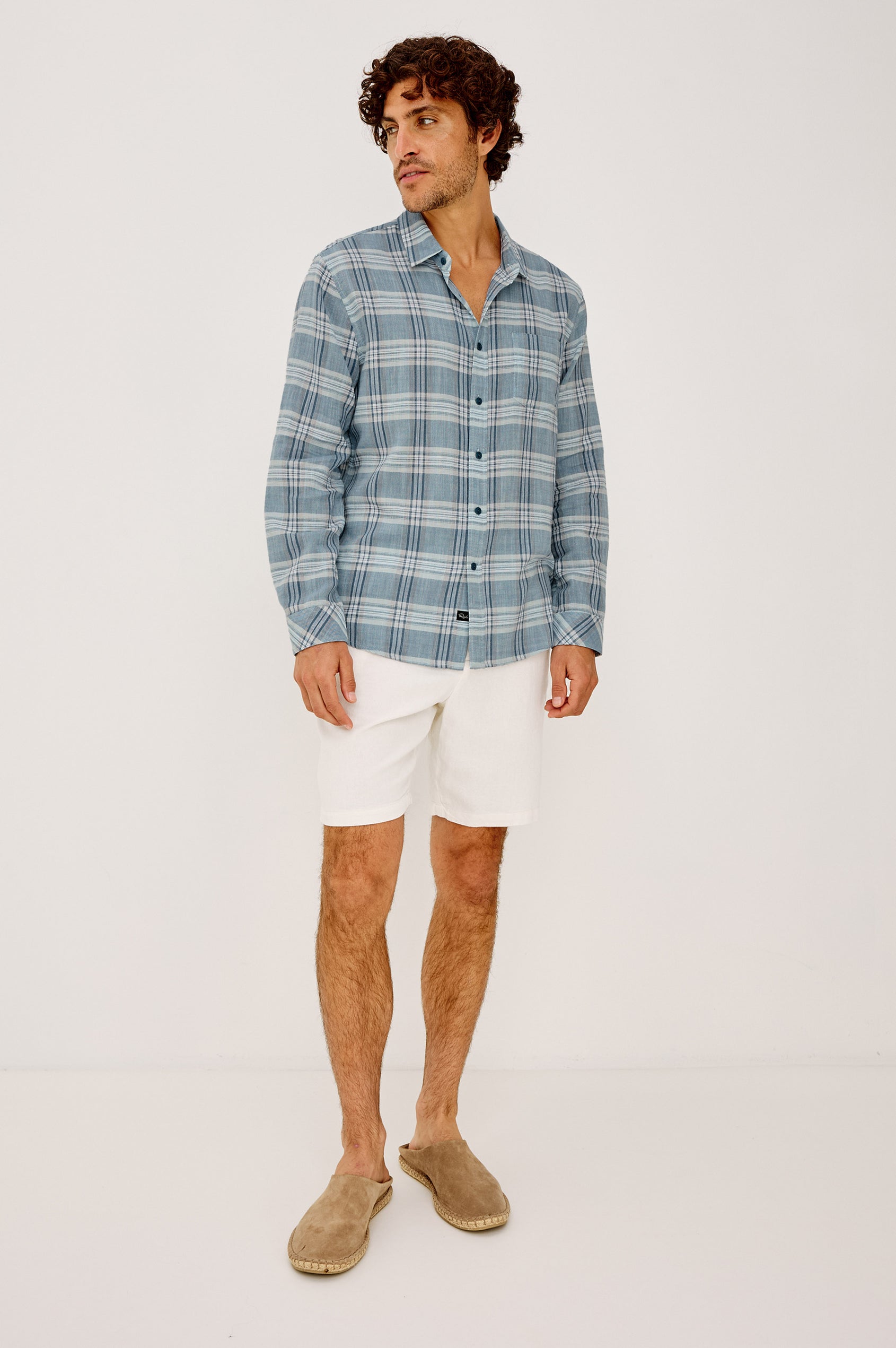 Wyatt Button-Up Shirt With Collar, Classic Fit, Single Chest Pocket, and Long Sleeves in Seafoam Glass Colorway - Full Body Front View Featured on Model