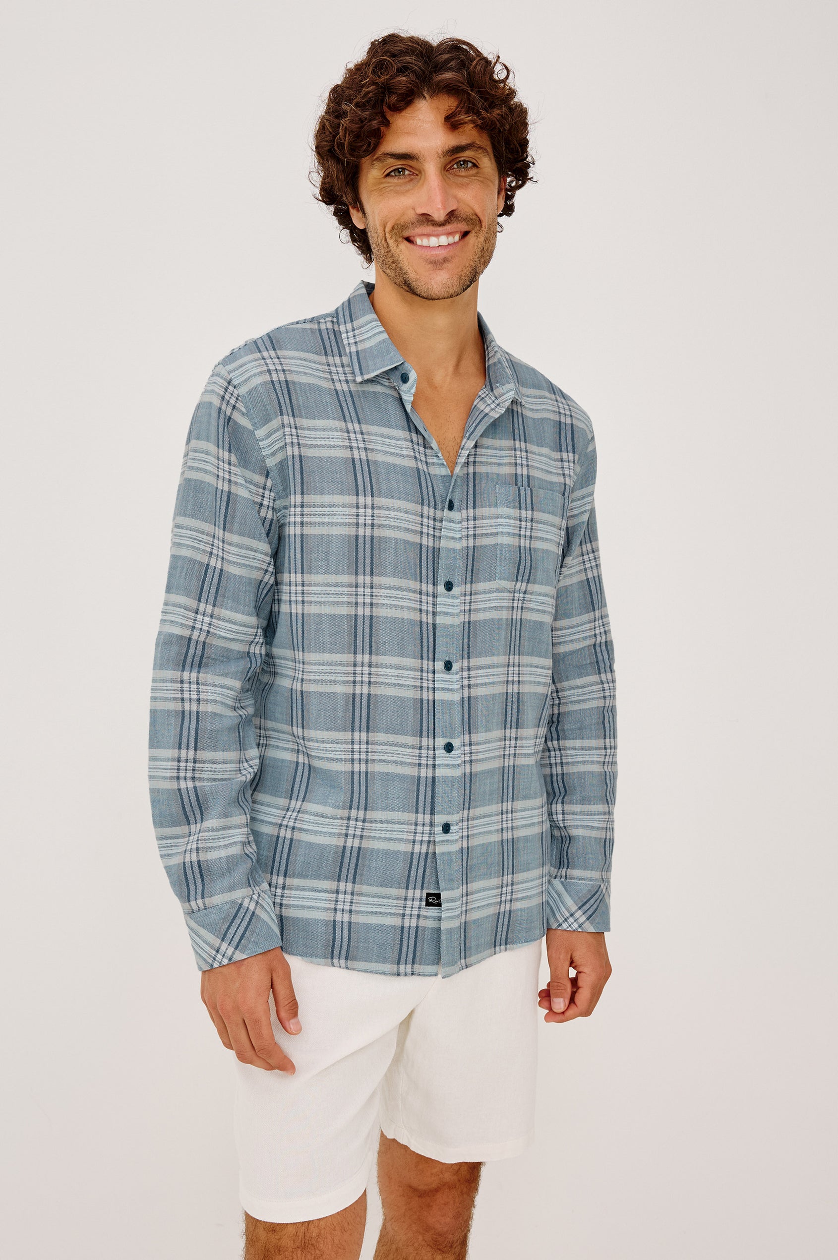 Wyatt Button-Up Shirt With Collar, Classic Fit, Single Chest Pocket, and Long Sleeves in Seafoam Glass Colorway - Upper Body Front View Featured on Model