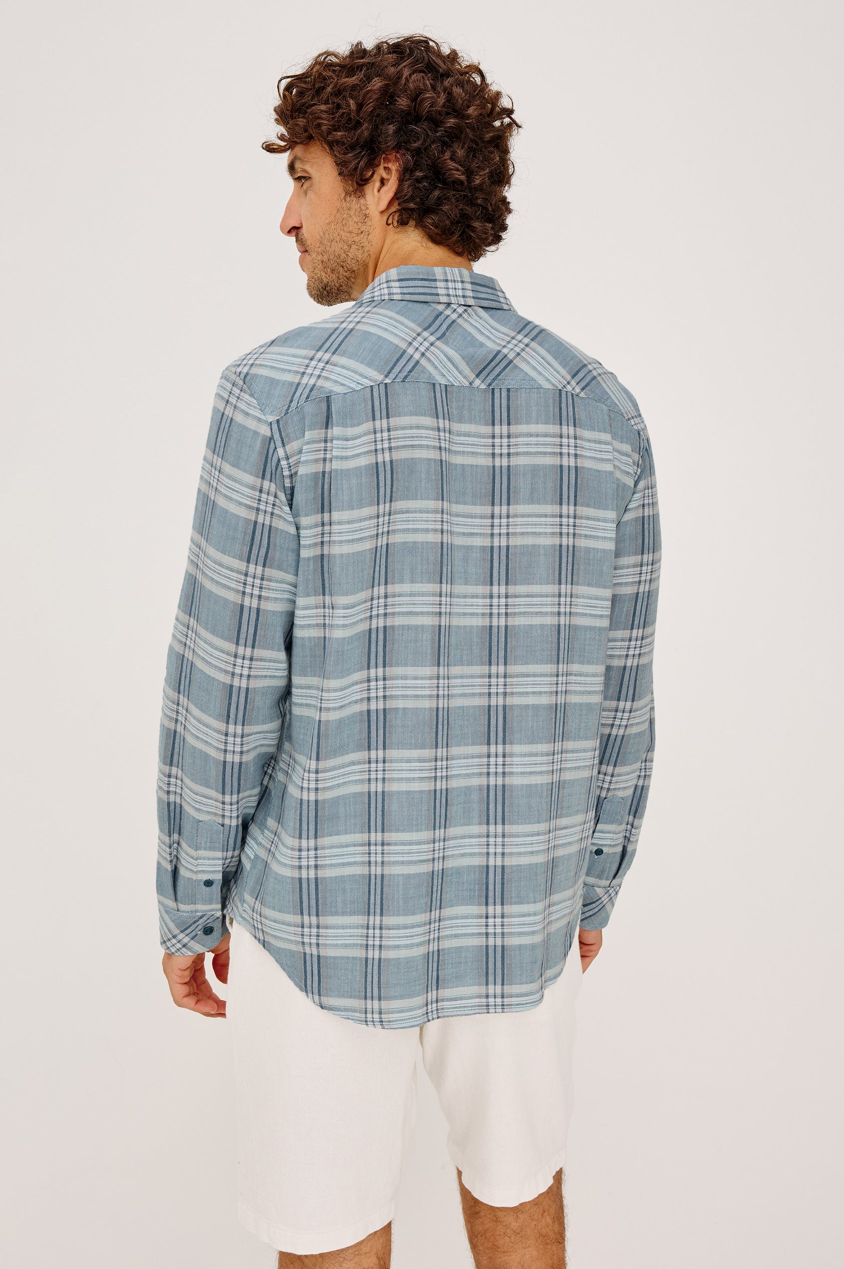 Wyatt Button-Up Shirt With Collar, Classic Fit, Single Chest Pocket, and Long Sleeves in Seafoam Glass Colorway - Upper Body Back View Featured on Model