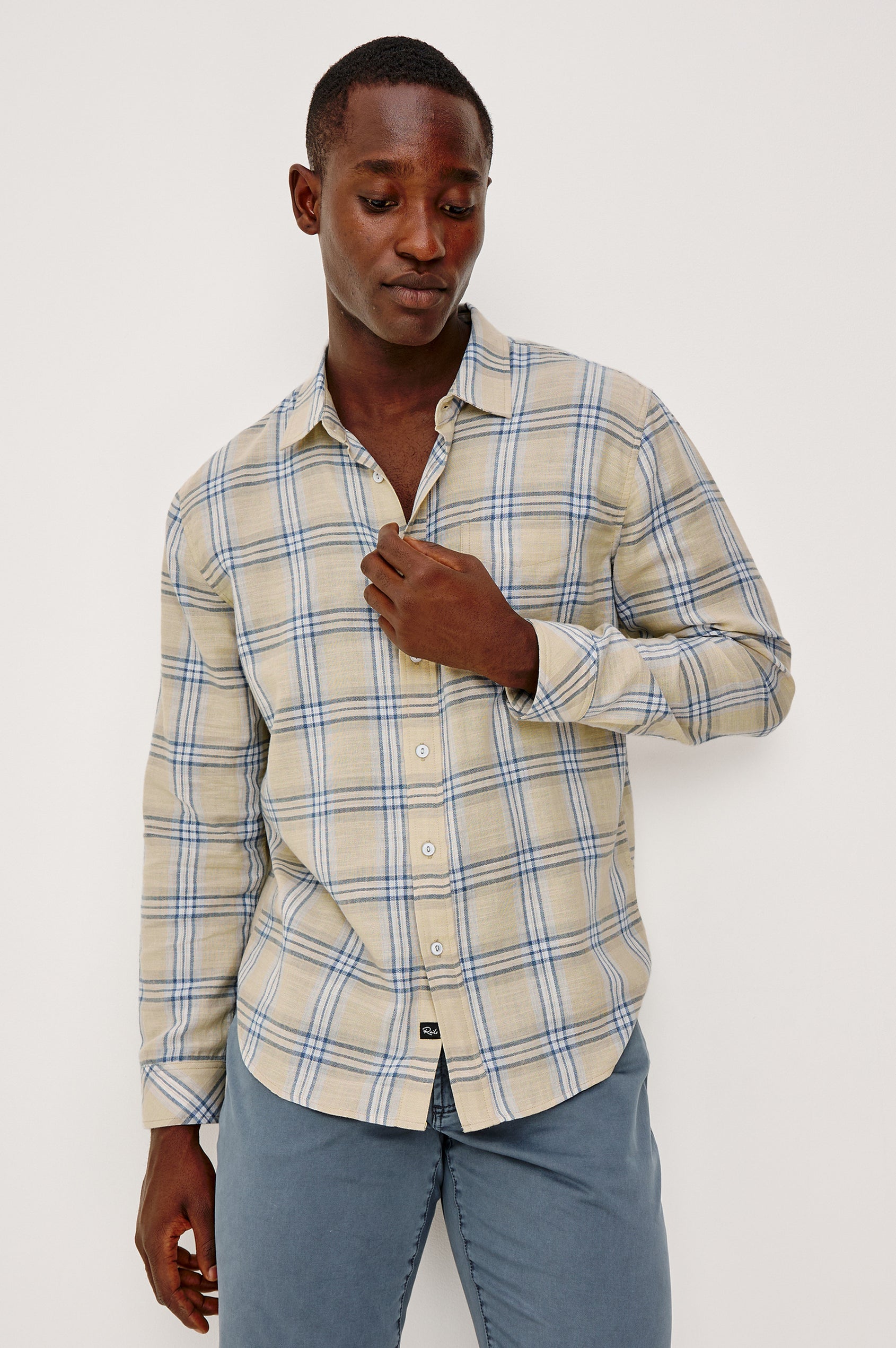 Wyatt Button Front Collared Shirt With Long Sleeves and Single Chest Pocket in Horizon Silvermist Colorway - Upper Body Front View Featured on Model
