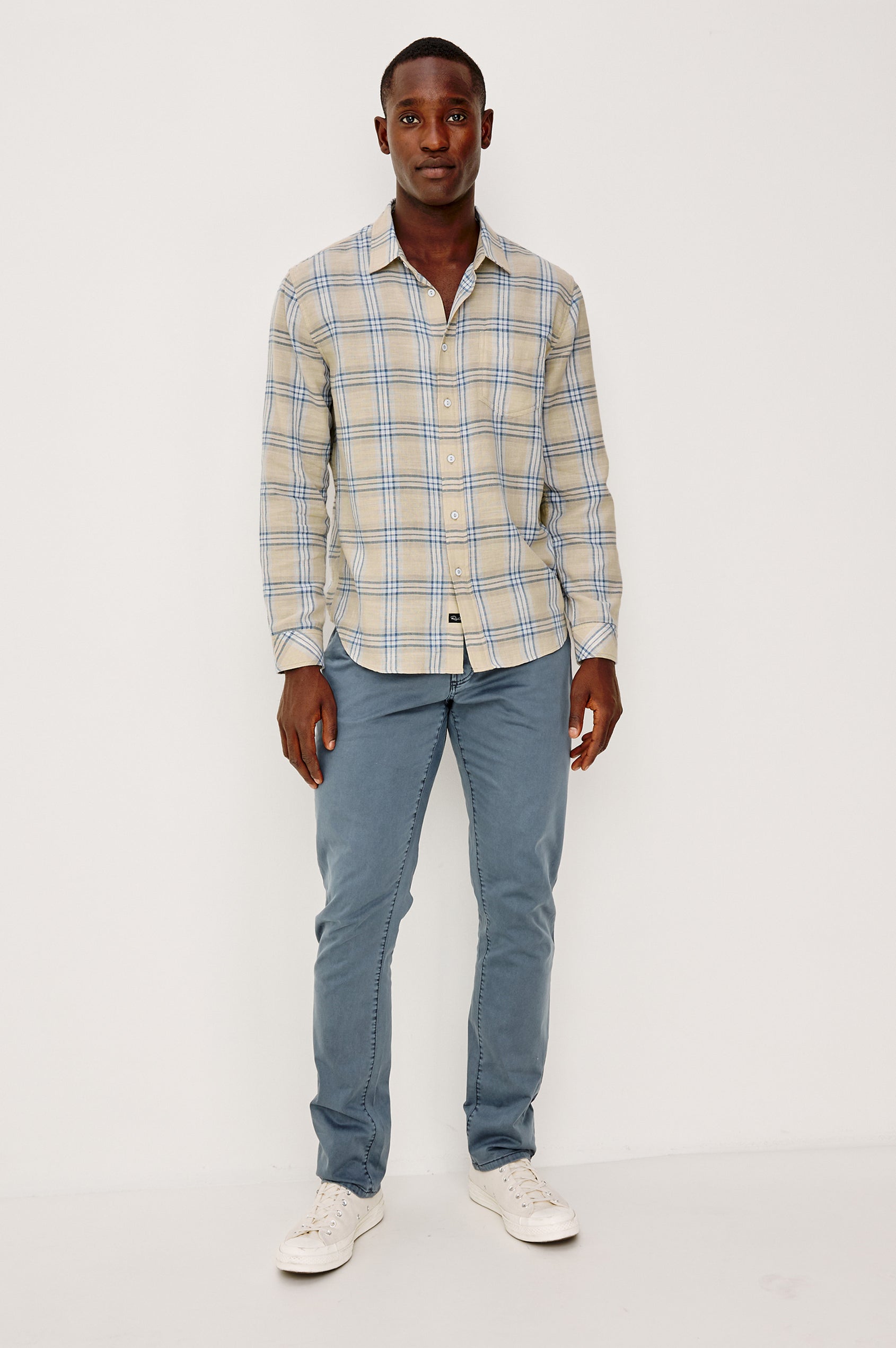 Wyatt Button Front Collared Shirt With Long Sleeves and Single Chest Pocket in Horizon Silvermist Colorway - Full Body Front View Featured on Model