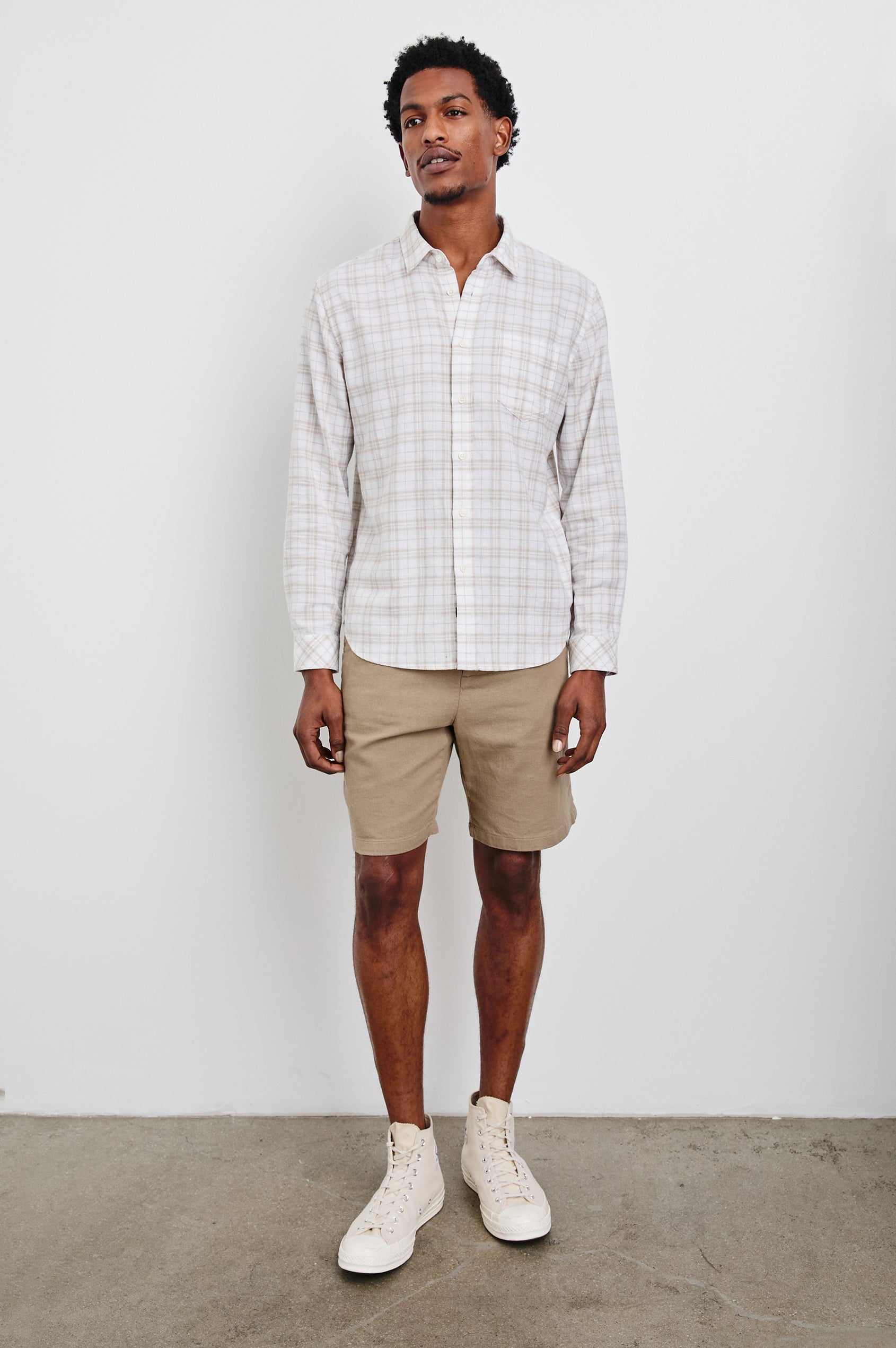 Wyatt Long-Sleeve Button Up with a Chest Patch Pocket in Misty Pebble Path Colorway, a tan and grey plaid on white - Front Full Body View Featured on Model