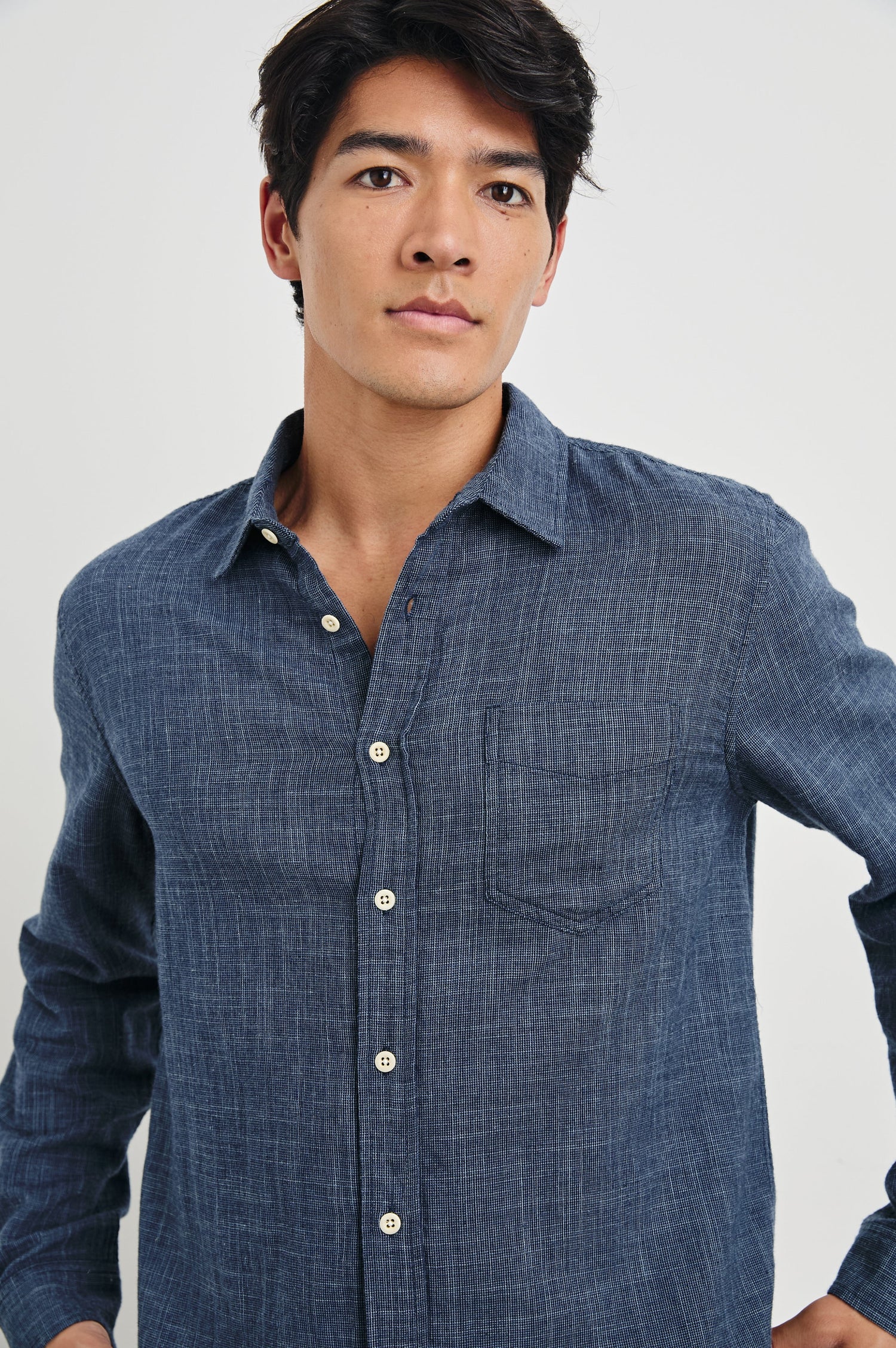 Wyatt Long-Sleeve Button Up with a Chest Patch Pocket in Navy Etch Colorway - Front View Featured on Model