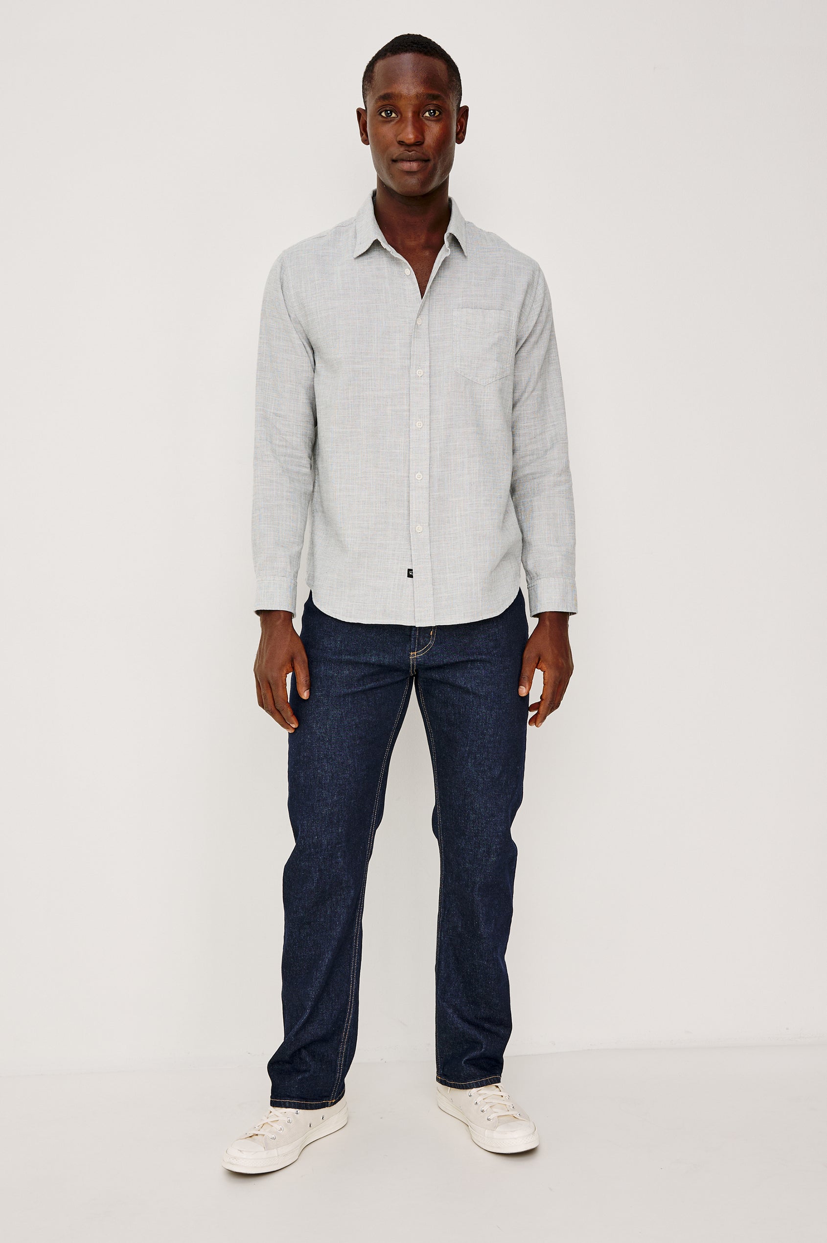 Wyatt Button Front Collared Shirt With Long Sleeves and Single Chest Pocket in Platinum Etch Colorway - Full Body Front View Featured on Model