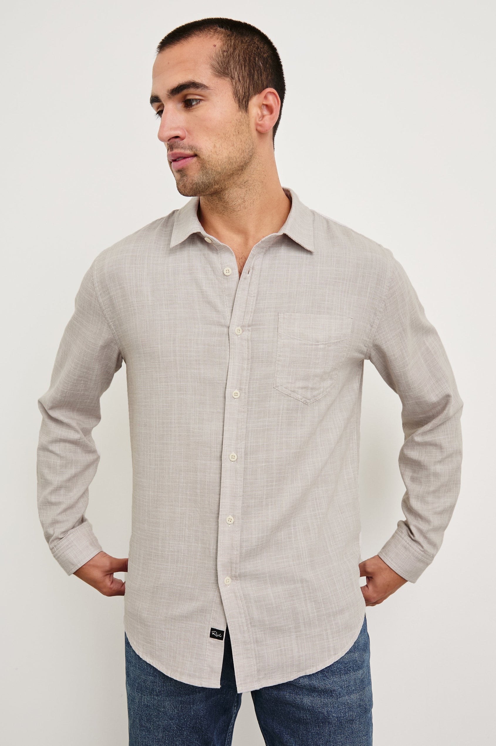 Wyatt Long-Sleeve Relaxed Fit Button Up with a Chest Patch Pocket in Tahini Etch Colorway - front view on model