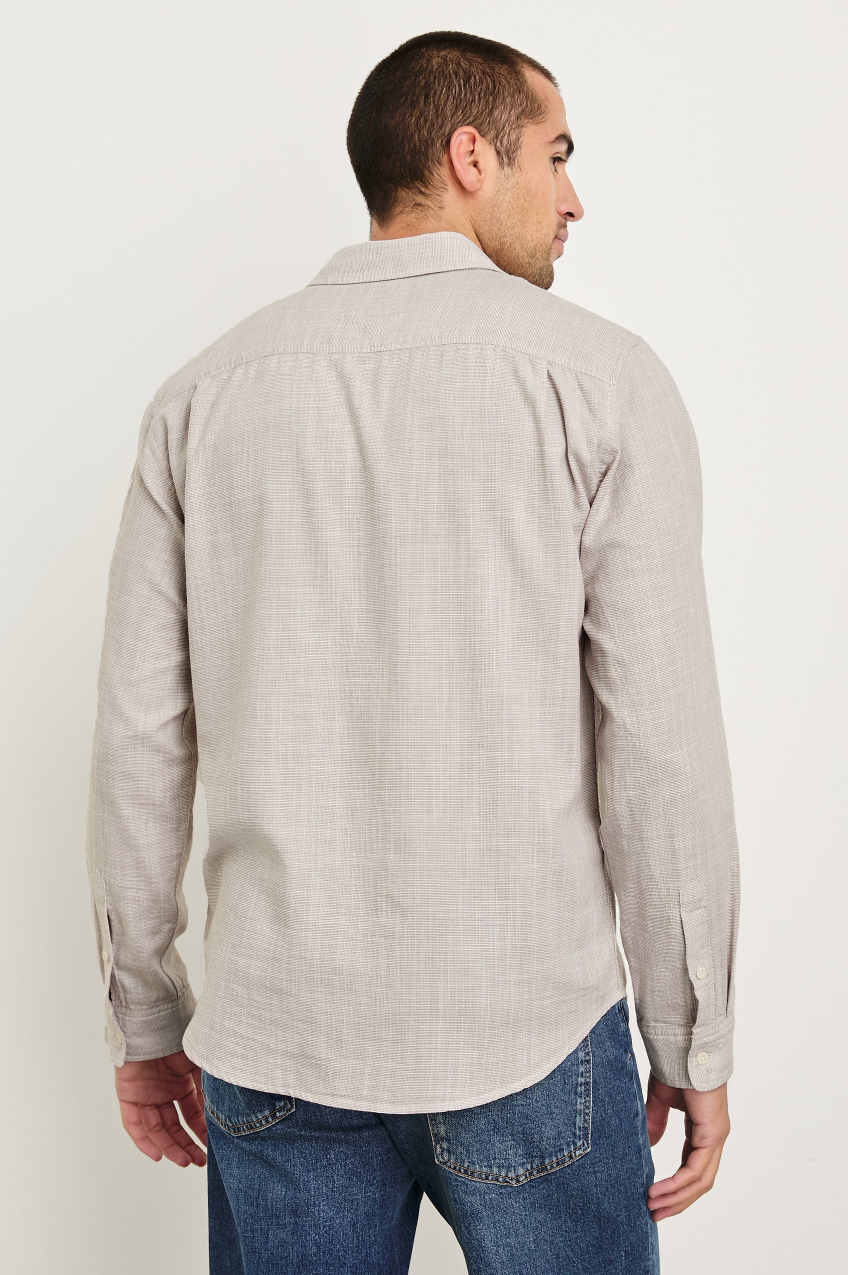 Wyatt Long-Sleeve Relaxed Fit Button Up with a Chest Patch Pocket in Tahini Etch Colorway - back view on model