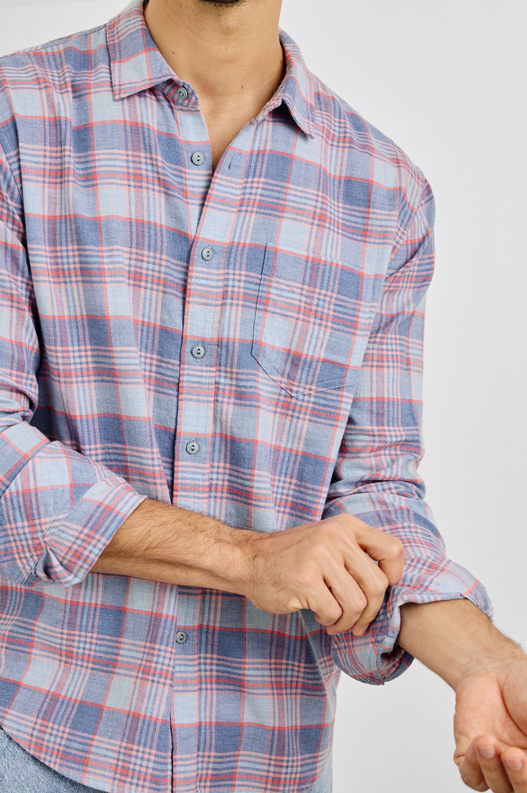 Wyatt Collared Button Front Shirt with Long Sleeves and a Chest Pocket in Ruby Sea Dragon Colorway. Front Detailed View Shown on Model.