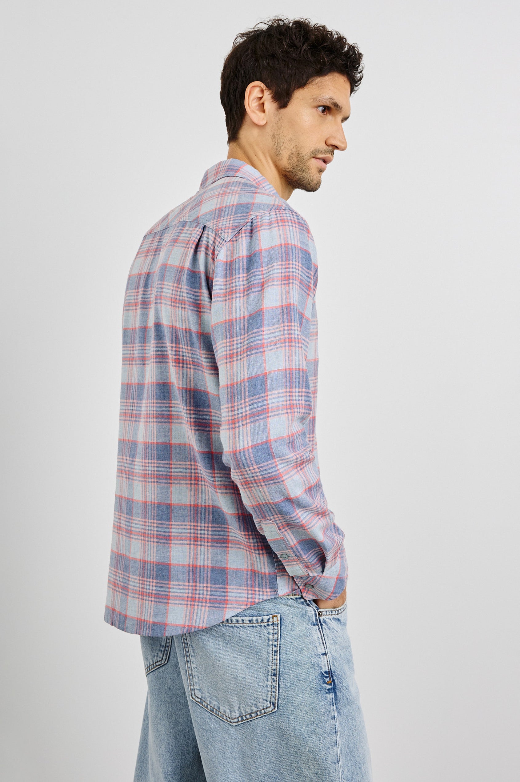 Wyatt Collared Button Front Shirt with Long Sleeves and a Chest Pocket in Ruby Sea Dragon Colorway. Back View Shown on Model.