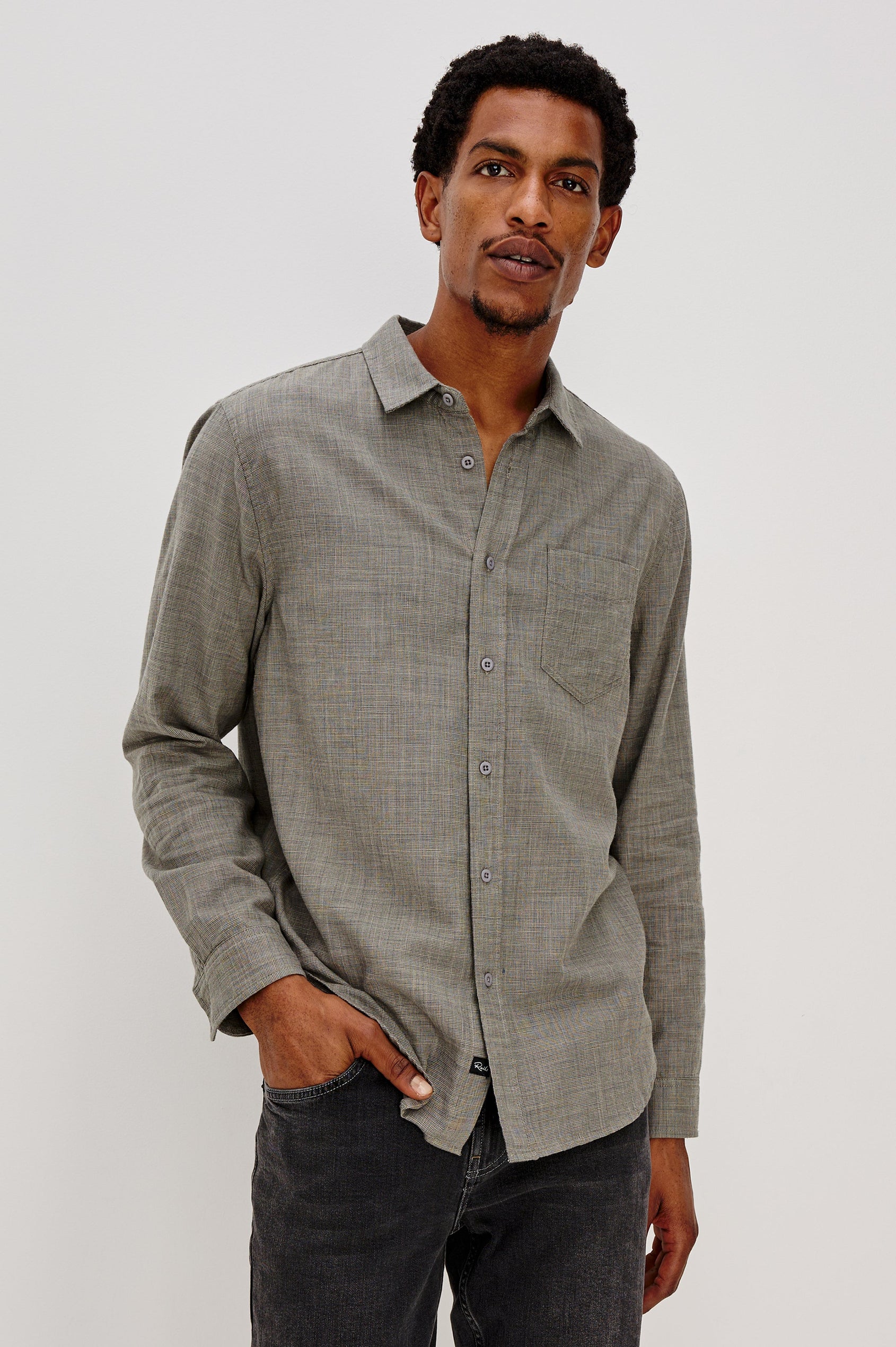 Wyatt Classic Button Up Long Sleeve Shirt with collar and front chest pocket in Spruce Etch, a light green color - front view on model