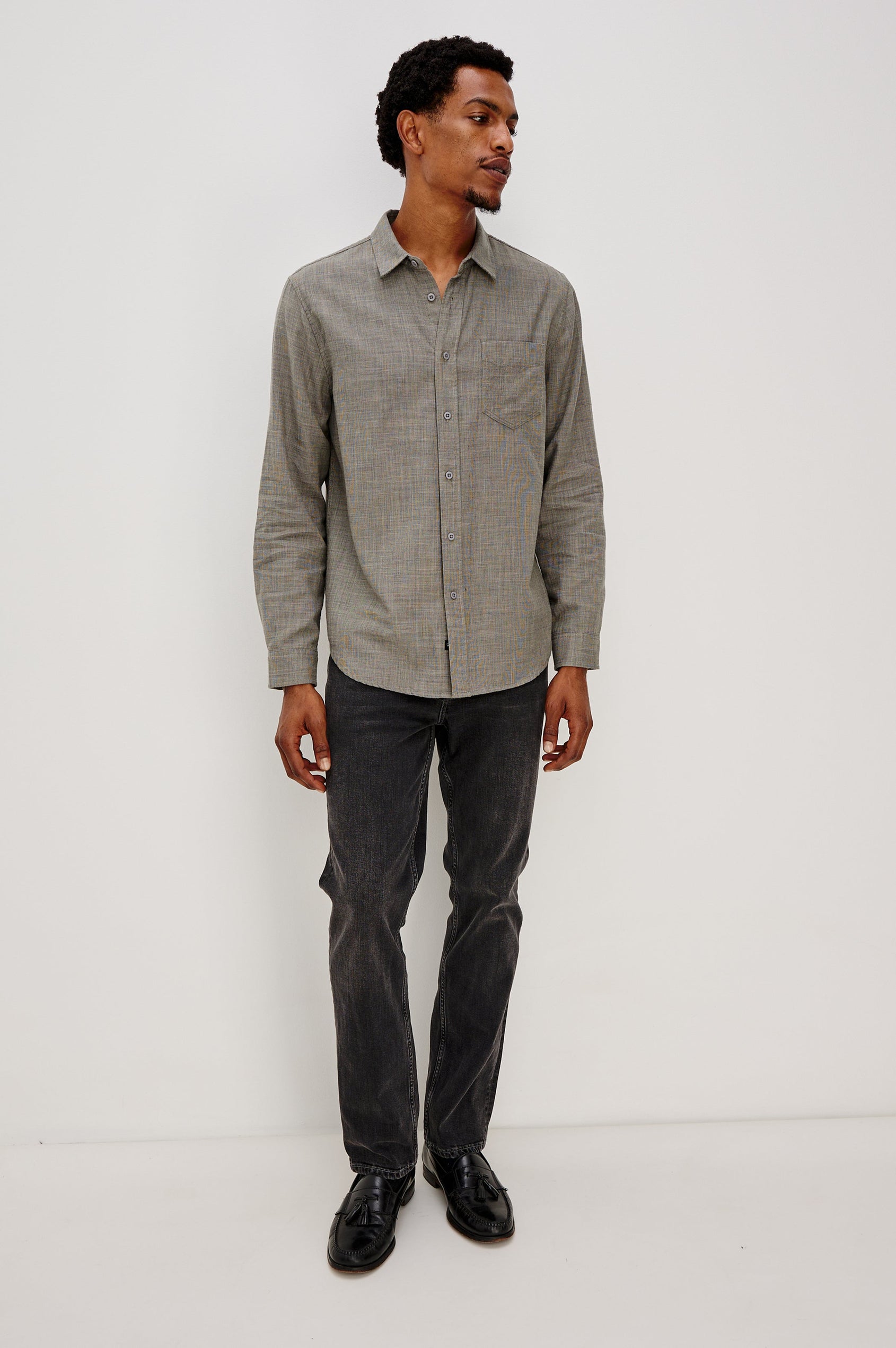 Wyatt Classic Button Up Long Sleeve Shirt with collar and front chest pocket in Spruce Etch, a light green color - front full body view on model