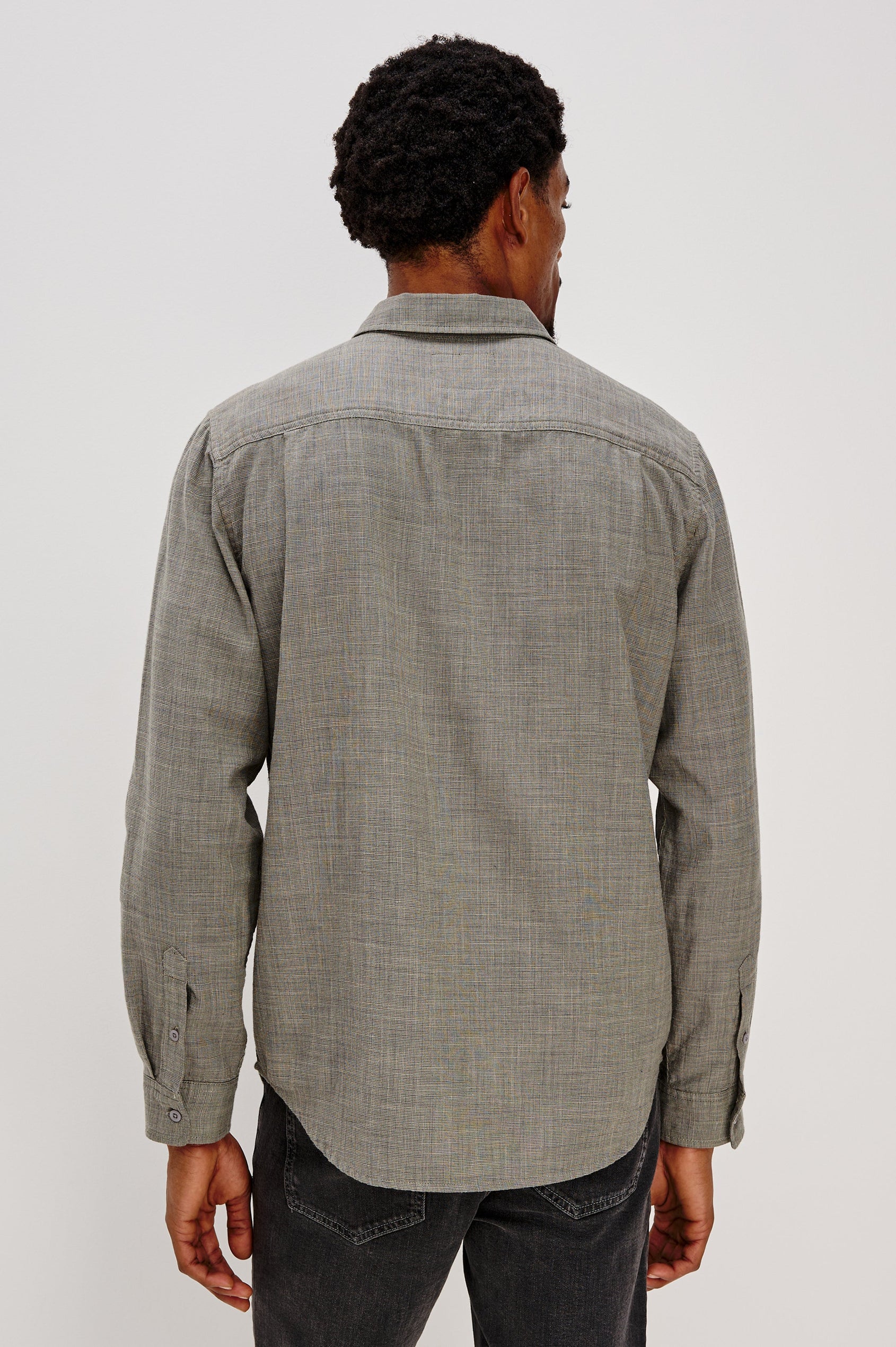 Wyatt Classic Button Up Long Sleeve Shirt with collar and front chest pocket in Spruce Etch, a light green color - back view on model