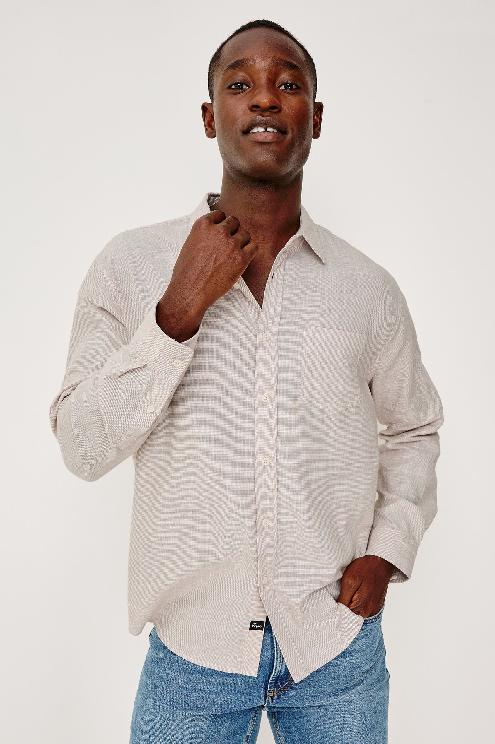 Wyatt Button Front Collared Shirt With Long Sleeves and Single Chest Pocket in Tahini Etch Colorway - Upper Body Front View Featured on Model