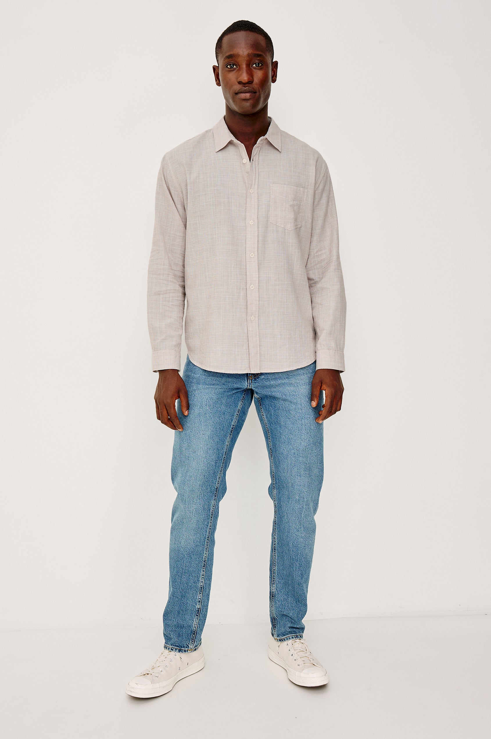 Wyatt Button Front Collared Shirt With Long Sleeves and Single Chest Pocket in Tahini Etch Colorway - Full Body Front View Featured on Model