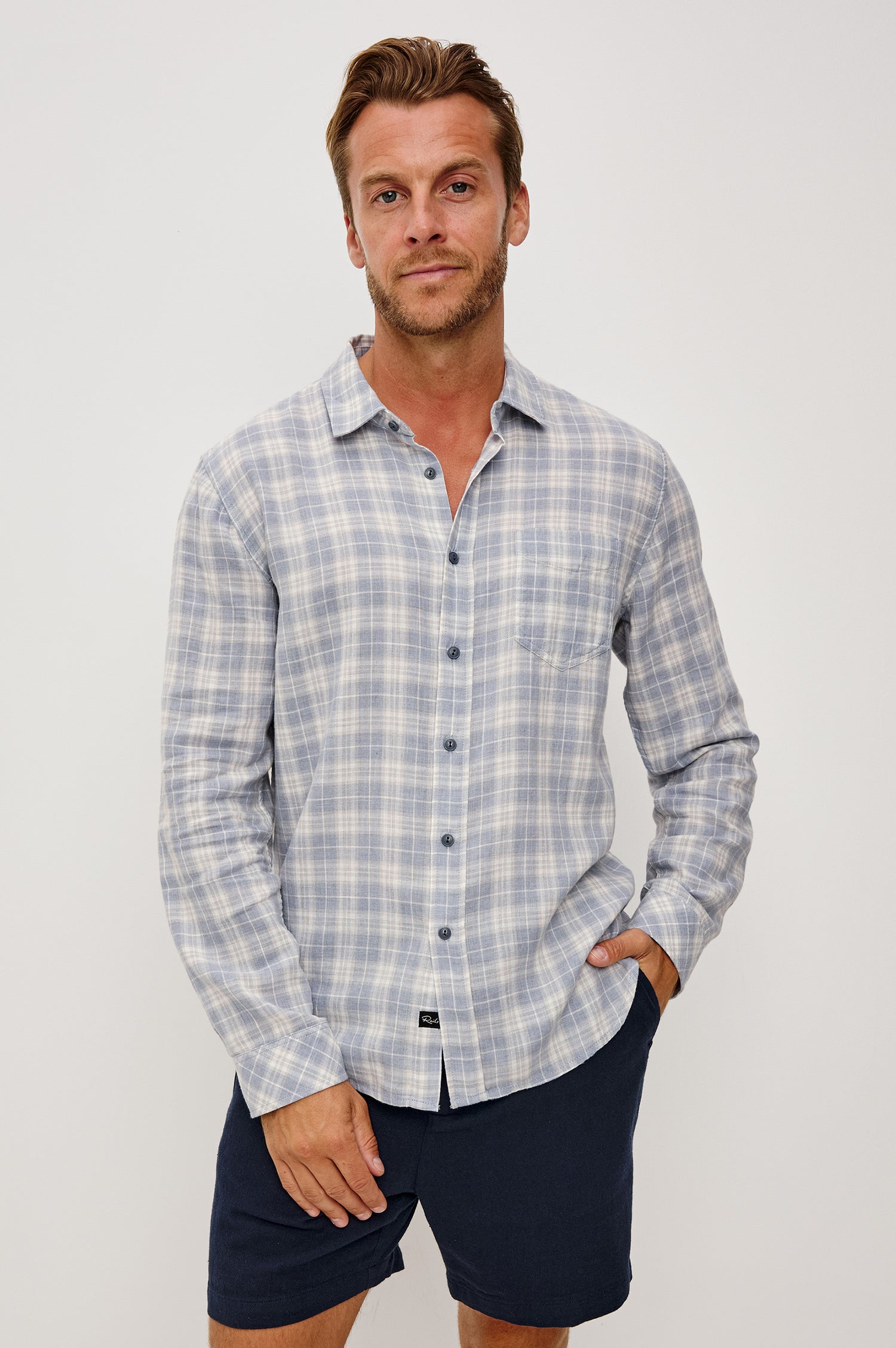 Wyatt Button Front Shirt in Soft Cotton Slub With Collar, Chest Patch Pocket, Long Sleeves, and Relaxed Fit in Cloud Cream Colorway - Upper Body Front View Featured on Model