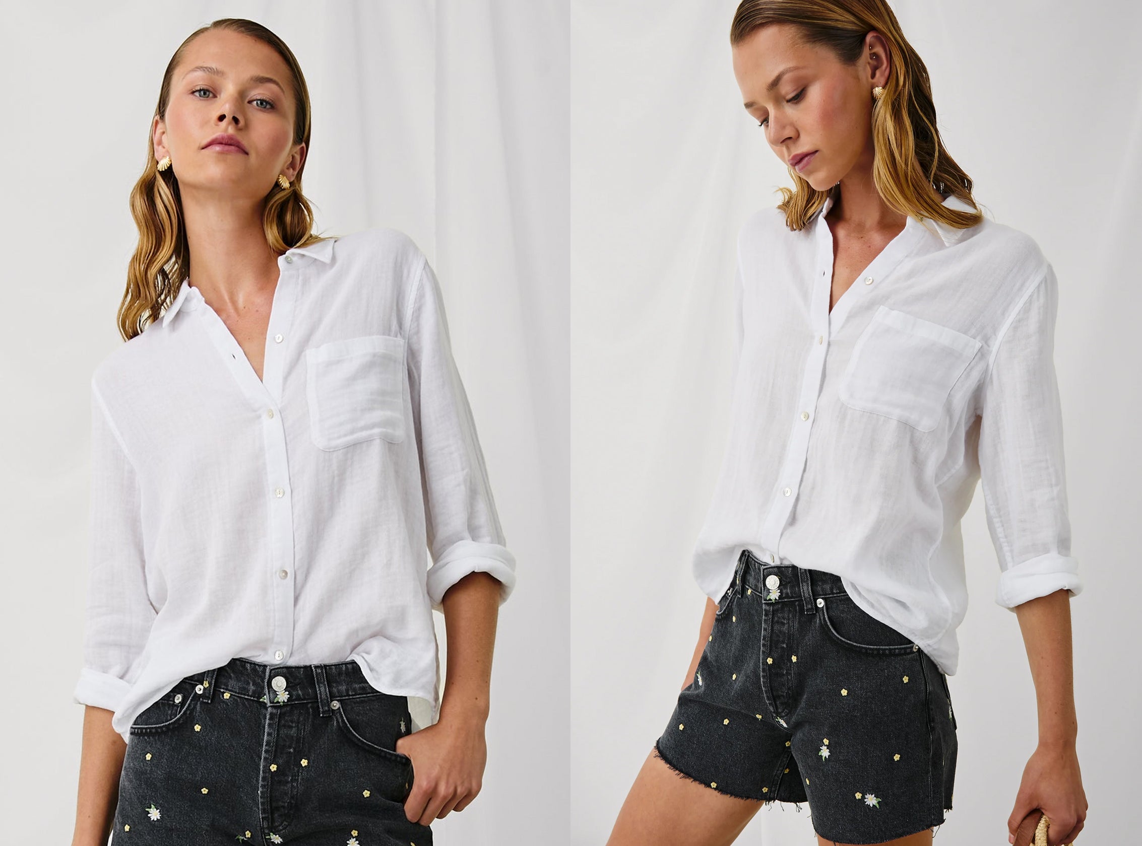 Woman wearing white button-up shirt and black shorts with flower patterns on a white background.