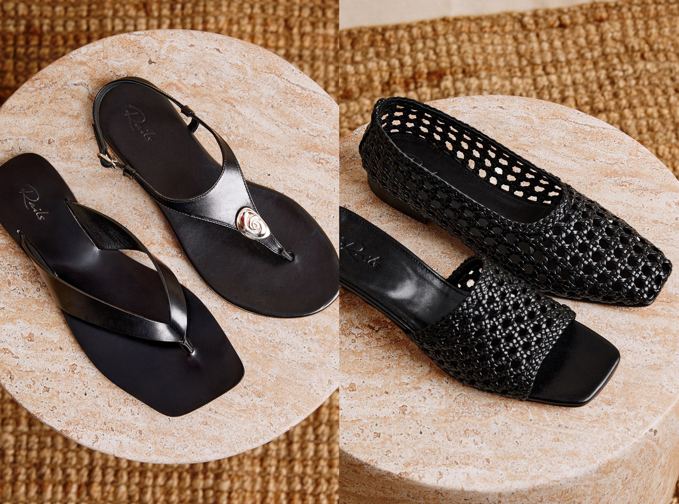 Black shoes with decorative elements on a textured surface