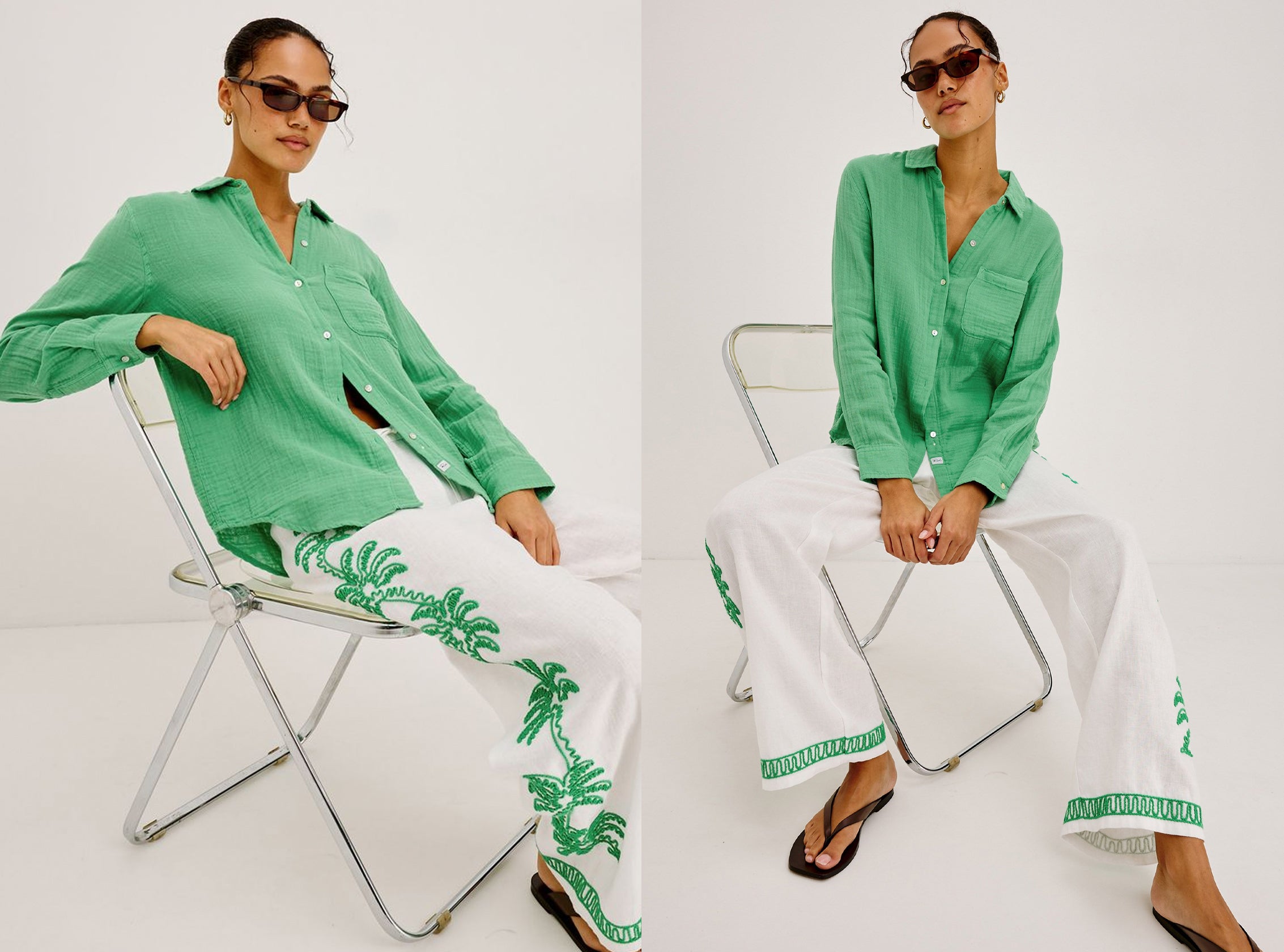 Woman wearing a green shirt and white pants with green patterns, sitting on a chair against a white background.