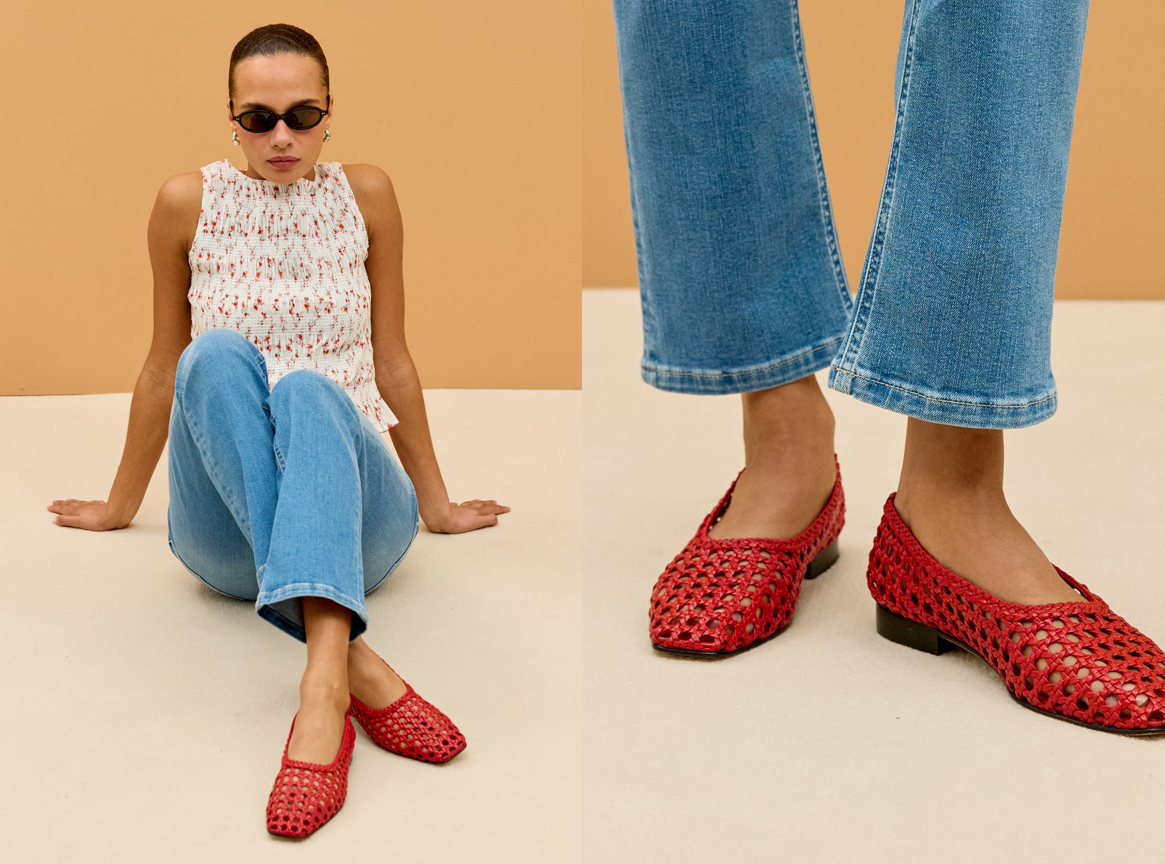 Woman wearing red woven flats with a beige background