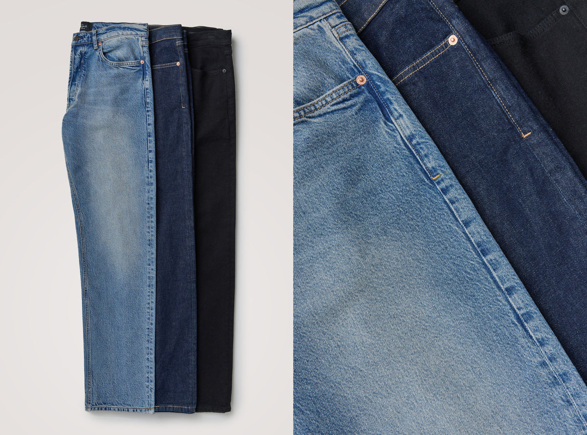 Three pairs of folded jeans displayed side by side on a light gray background, with a close-up detail panel on the right showing the fabric texture and pocket stitching of the blue denim.